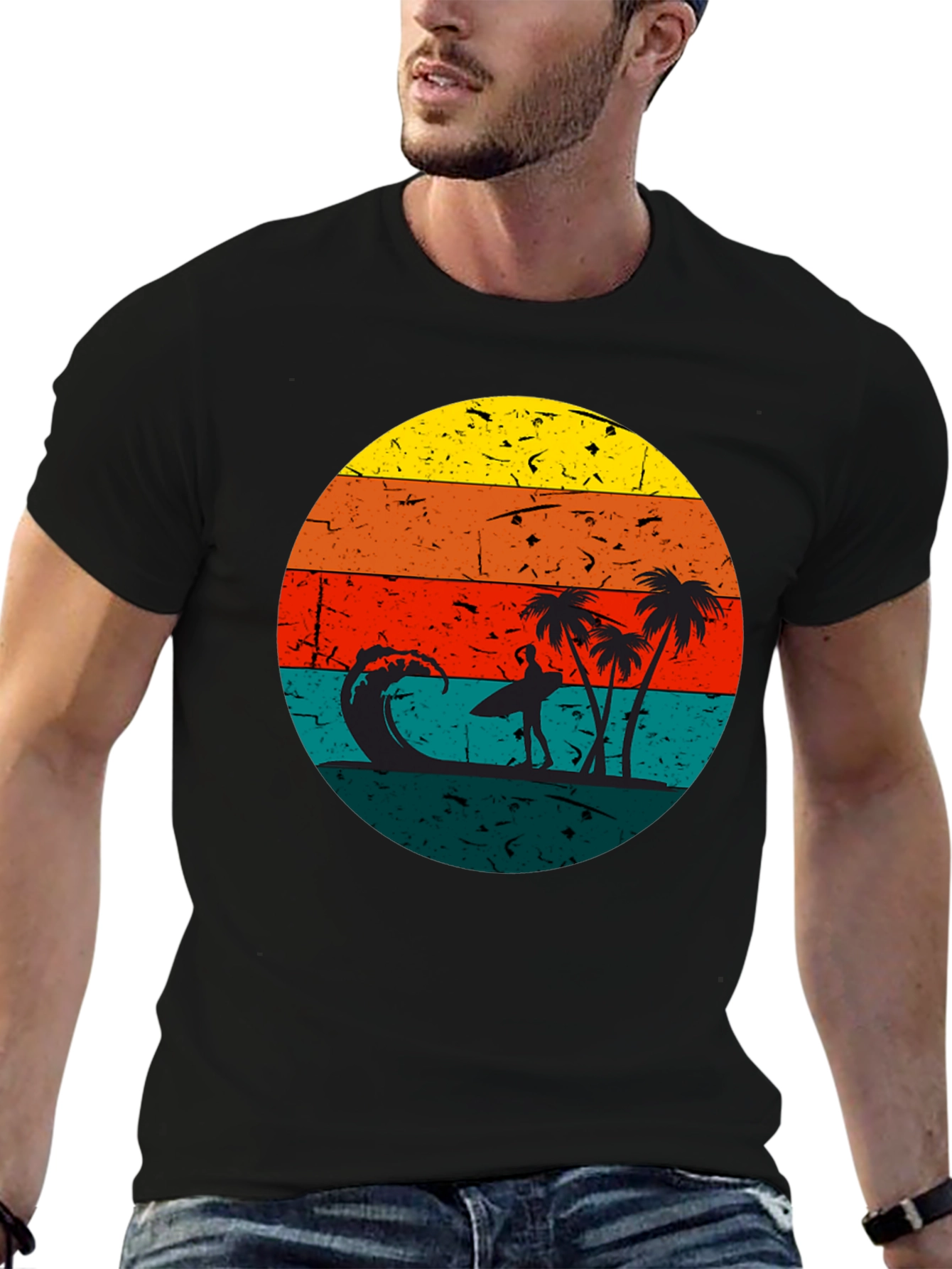 Retro Sunset Surfer T-Shirt - Black