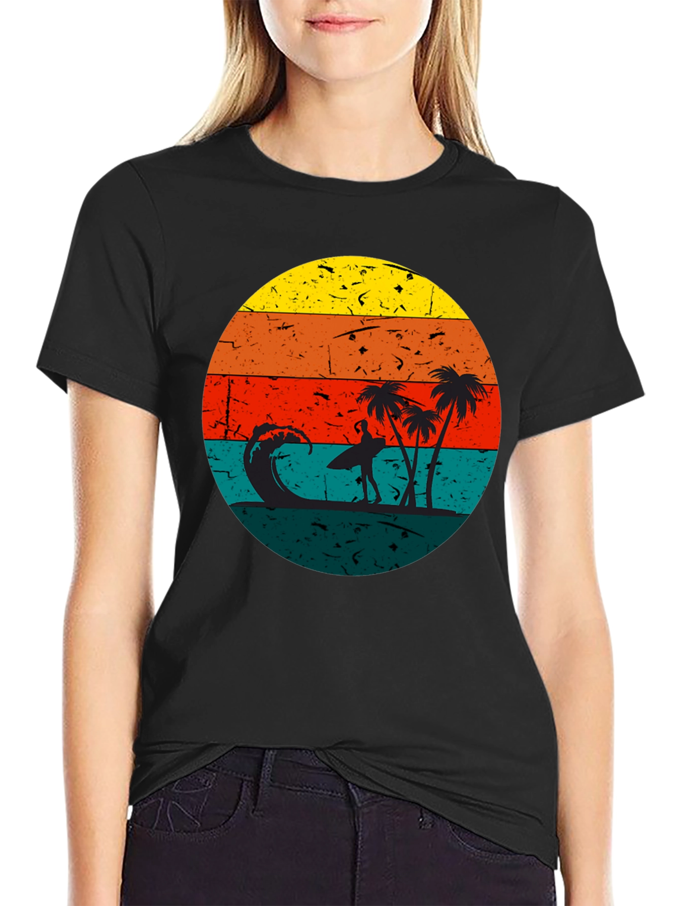 Retro Sunset Surfer T-Shirt - Black