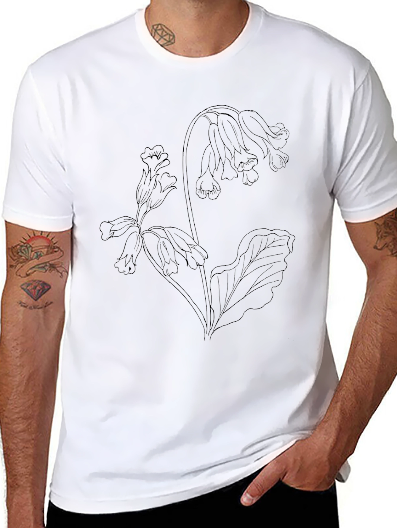 Black Floral Line Art T-Shirt
