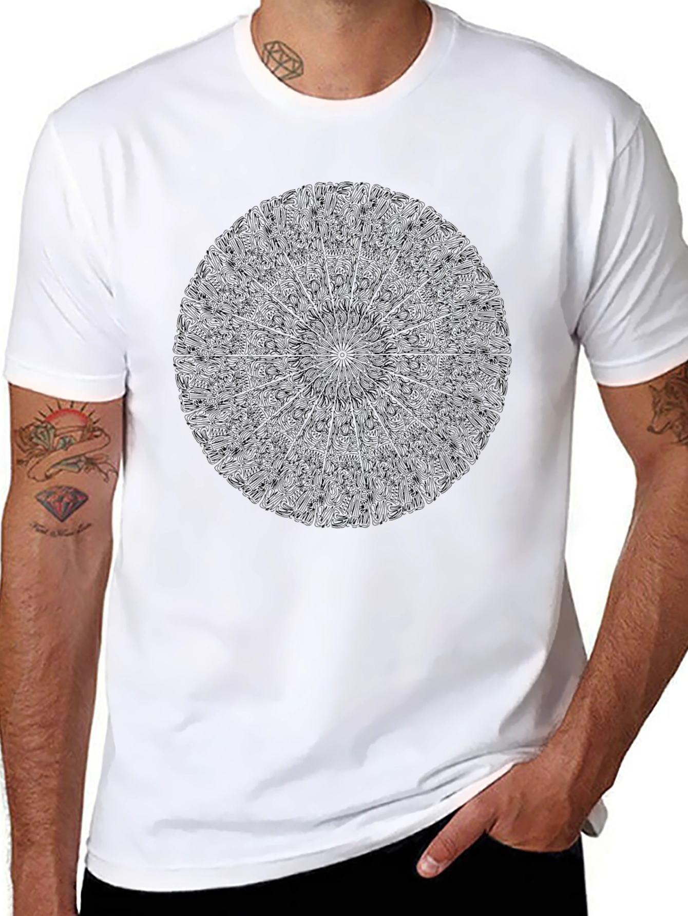 Black Mandala Graphic Tee - Stylish Crew Neck