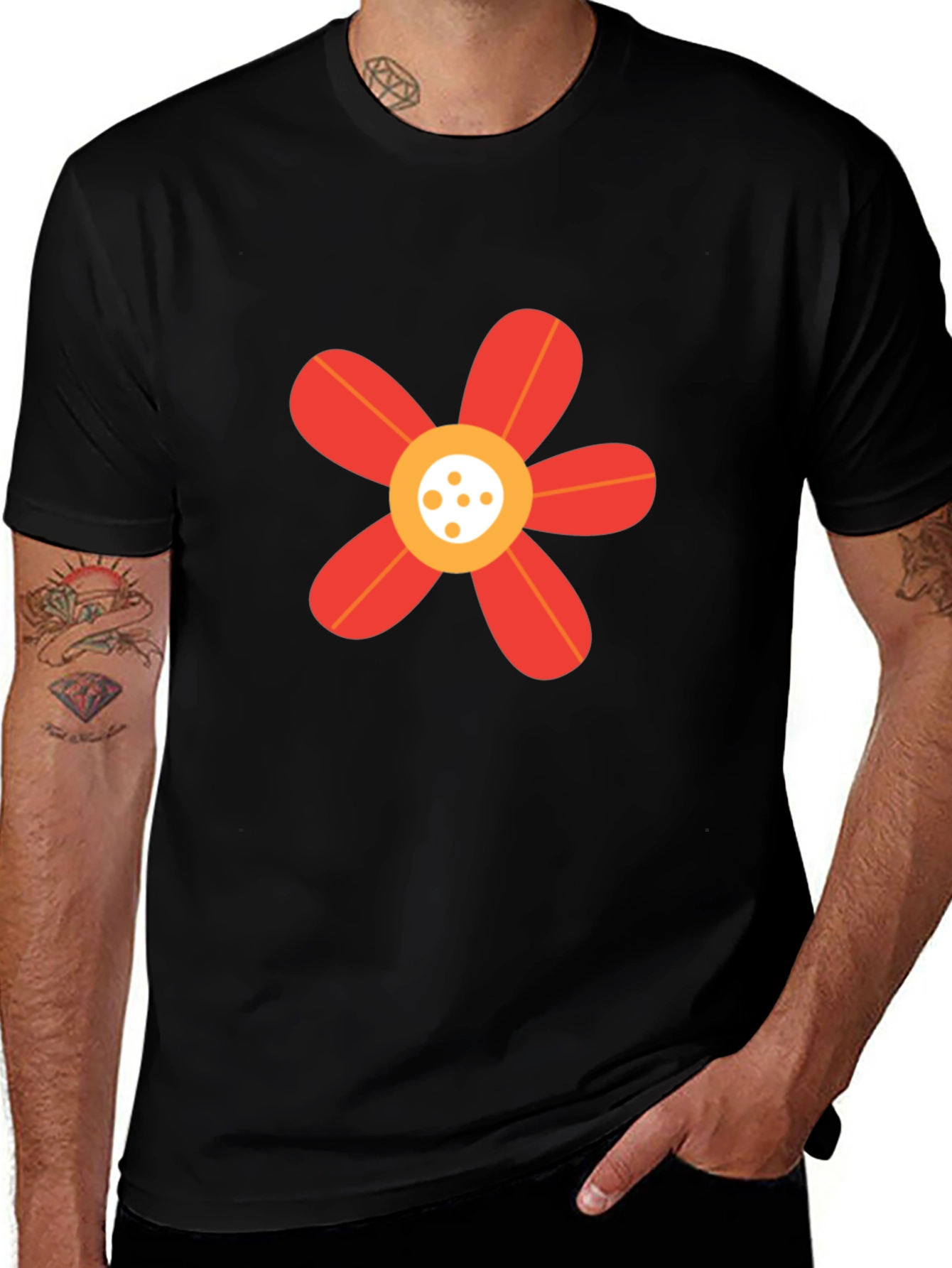 Black T-Shirt with Red Flower Graphic
