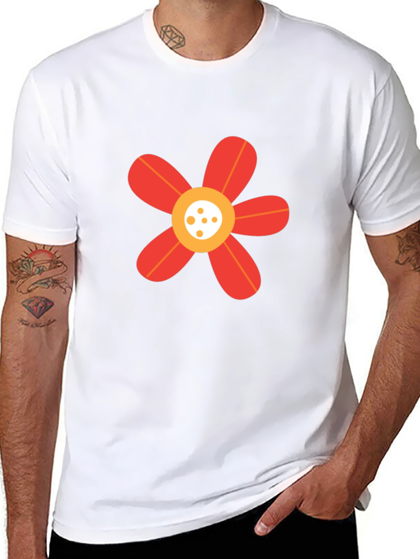 Black T-Shirt with Red Flower Graphic