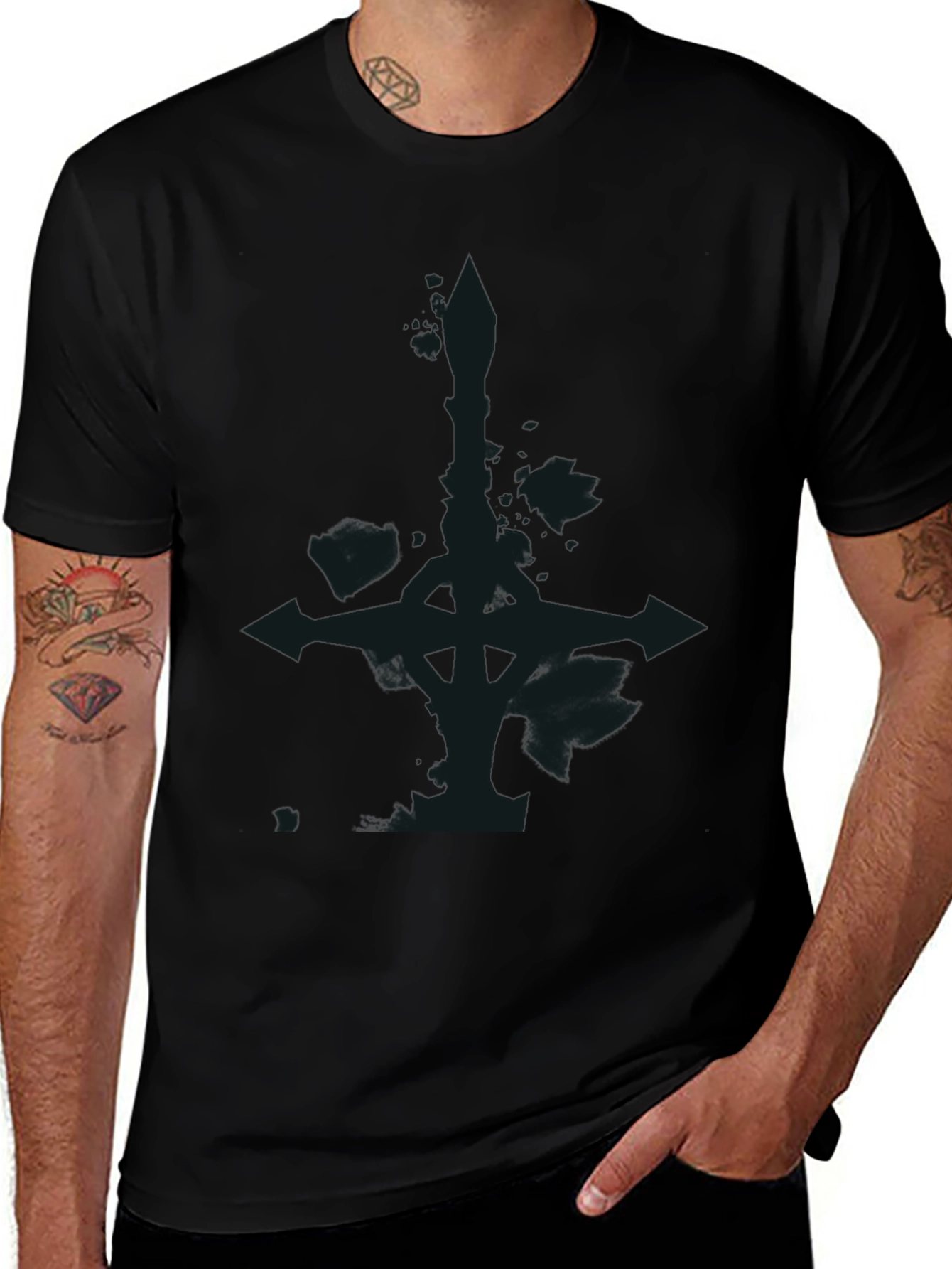 Mens Black Graphic Tee - Inverted Cross Design