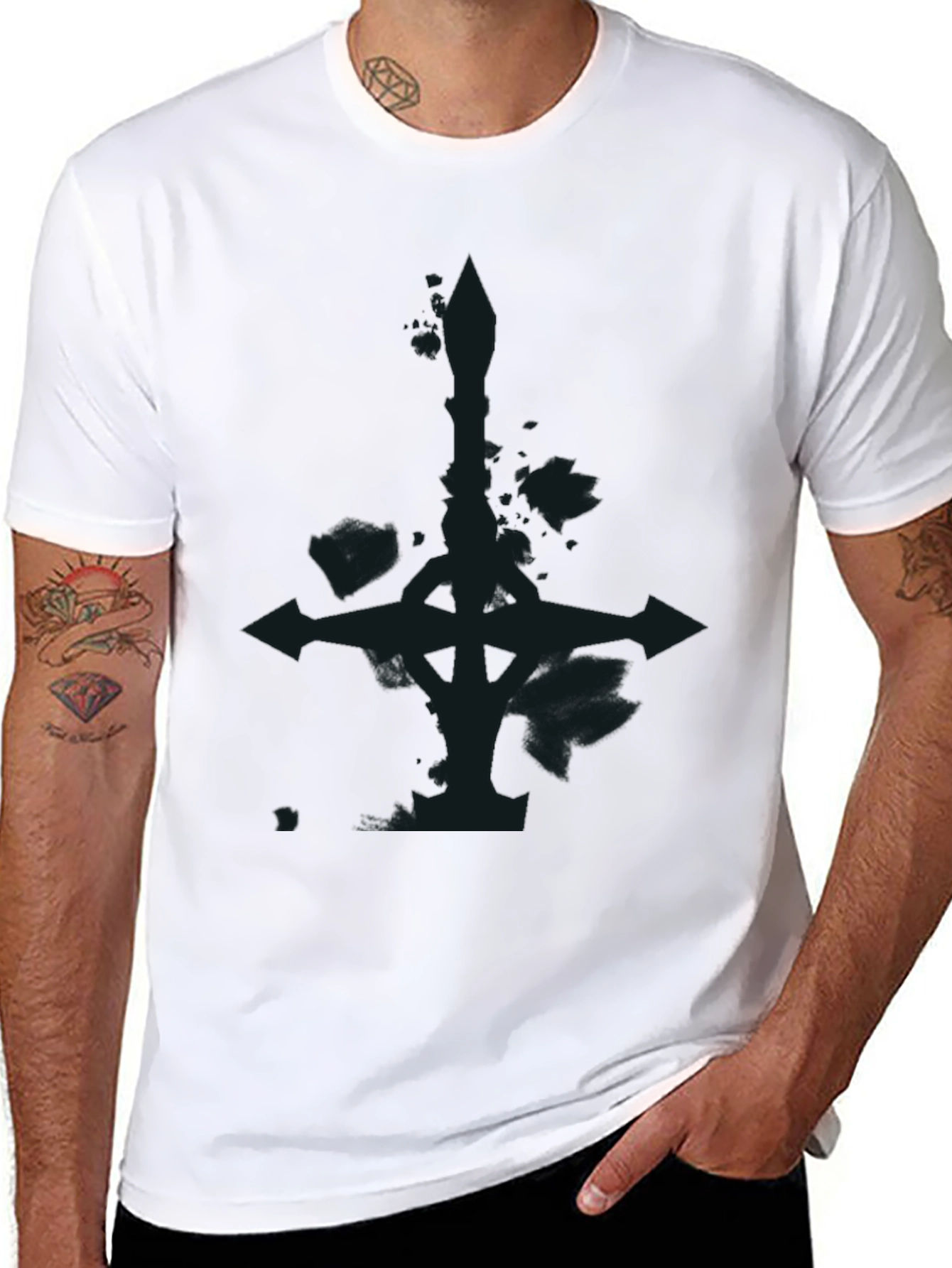 Mens Black Graphic Tee - Inverted Cross Design