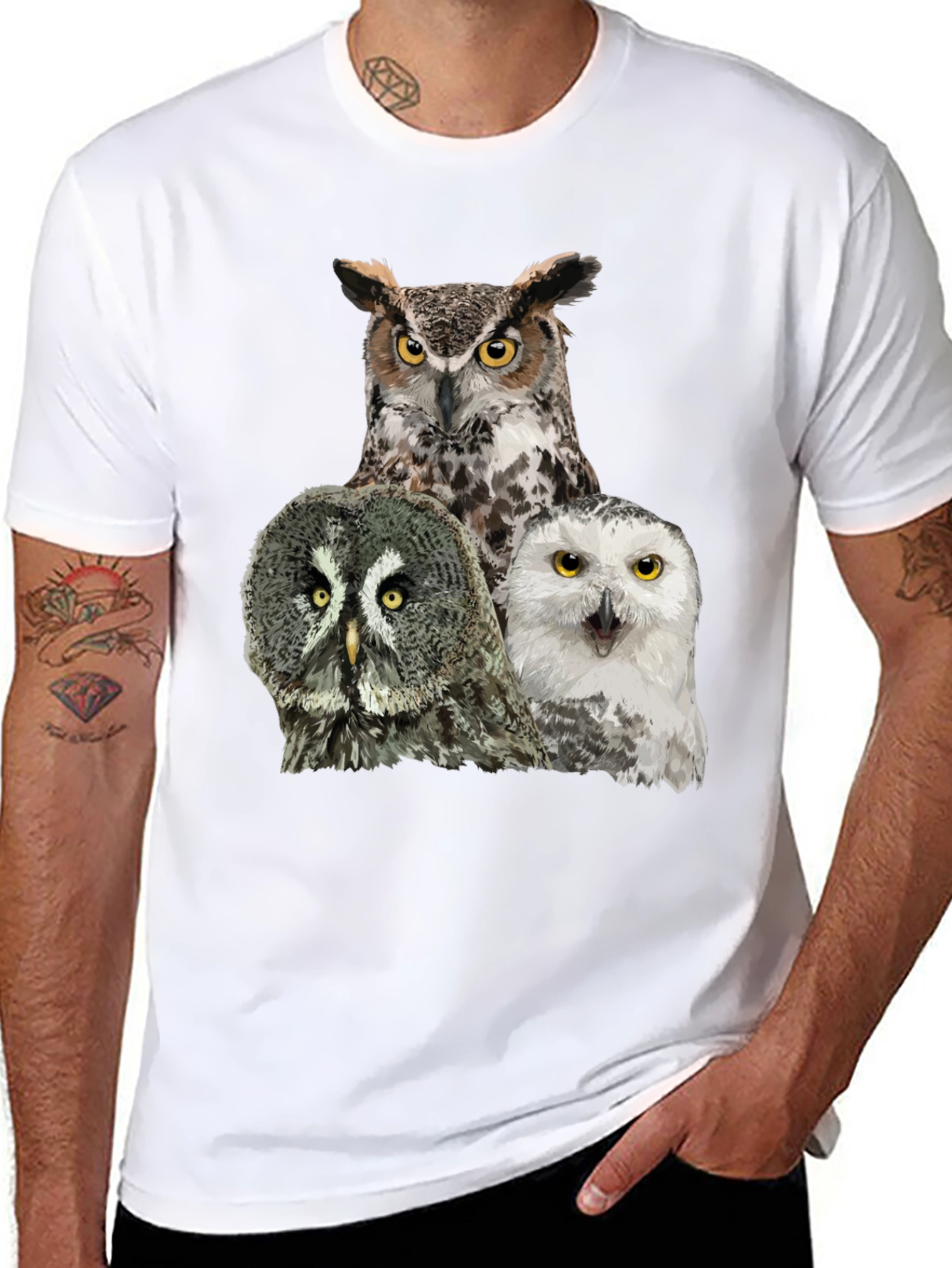 Owl Trio Graphic Tee - Black Cotton T-Shirt