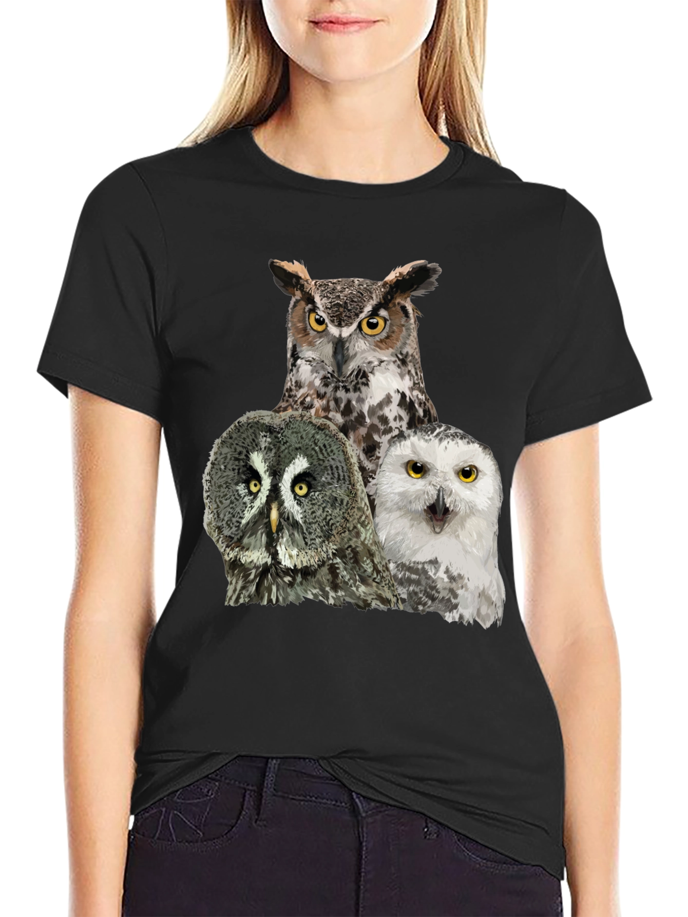 Owl Trio Graphic Tee - Black Cotton T-Shirt