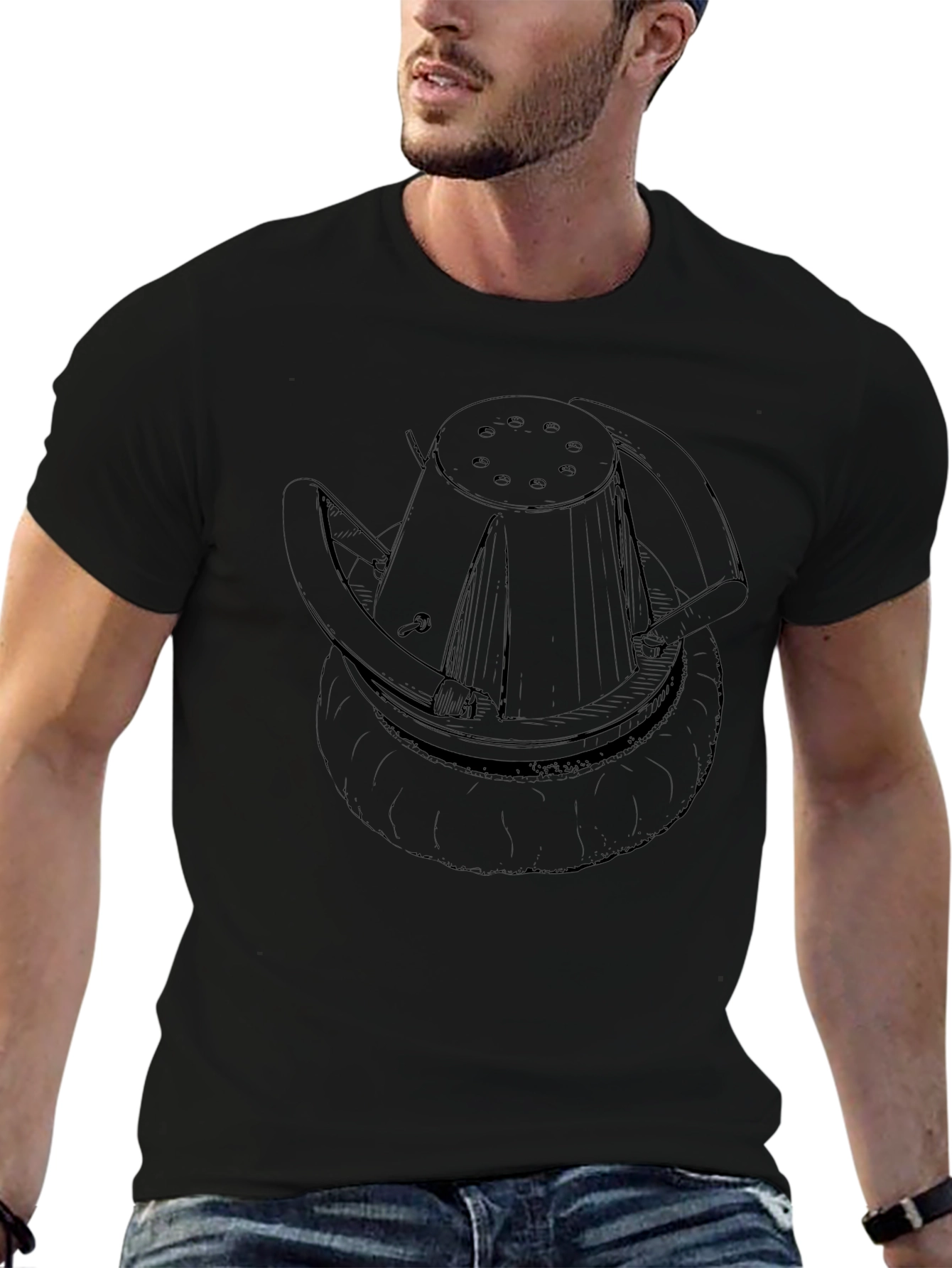 Unique Black T-Shirt with Abstract Hat Design