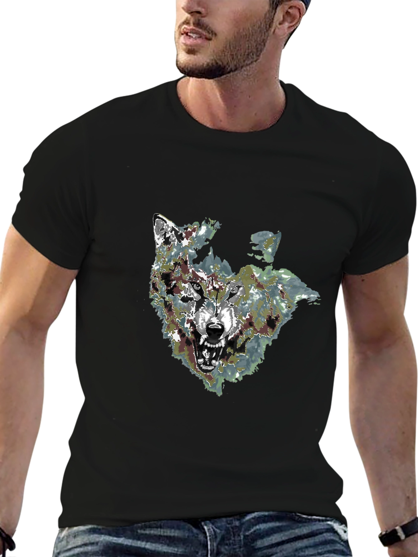 Mens Black Wolf Graphic Print T-Shirt