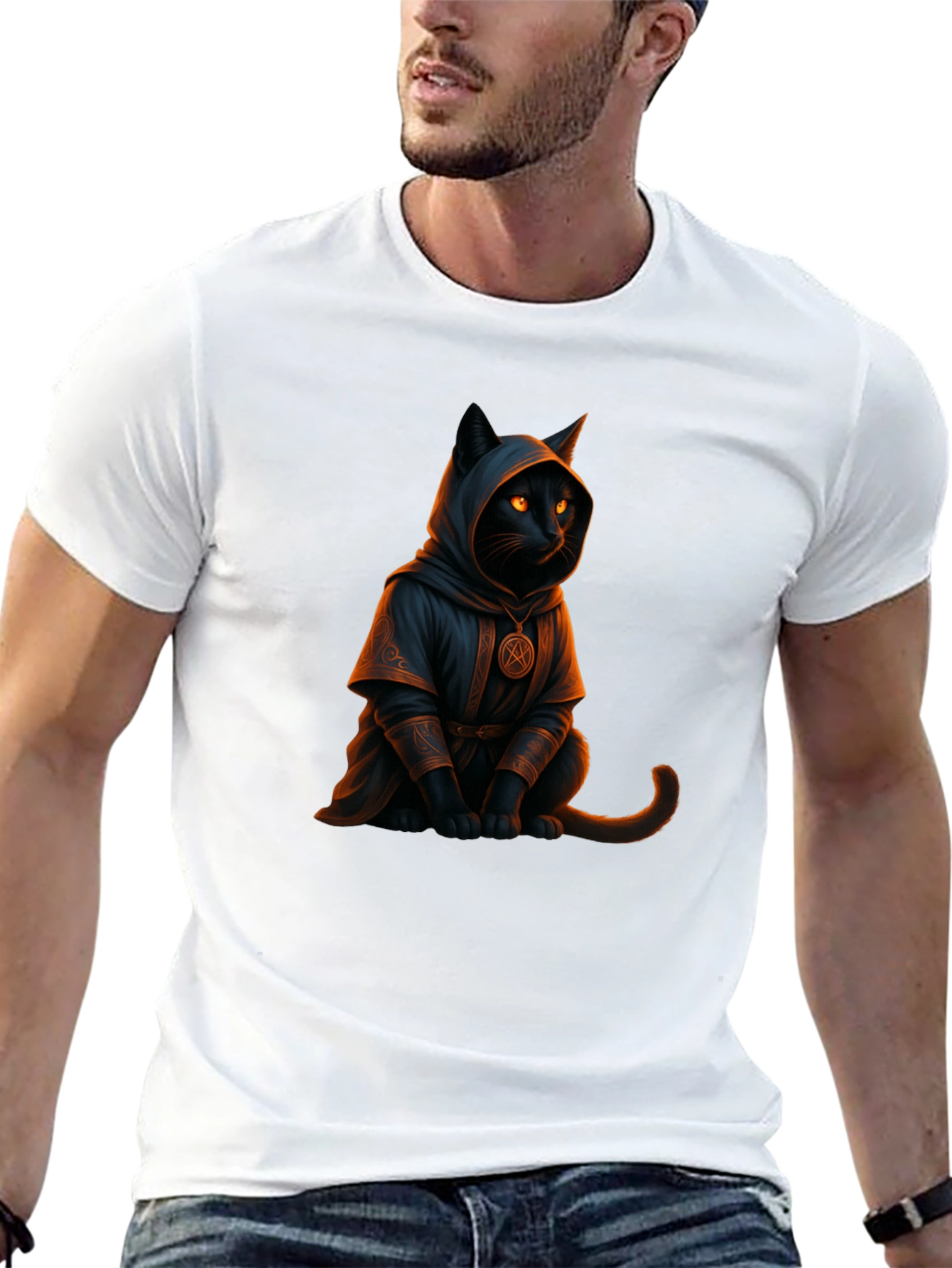 Wizard Cat Graphic Tee - Black Cotton T-Shirt
