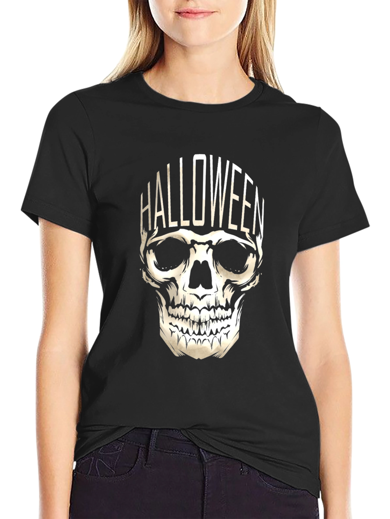 Halloween Skull Graphic Tee - Black