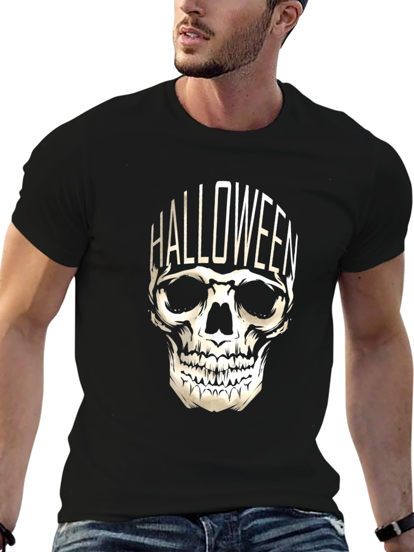 Halloween Skull Graphic Tee - Black