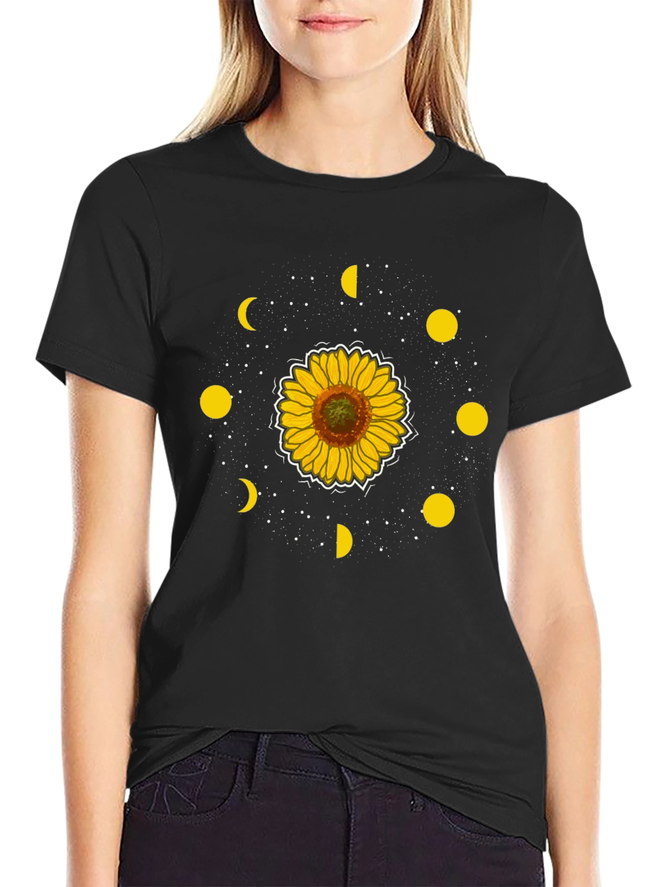 Sunflower Moon Phase Graphic Tee - Black