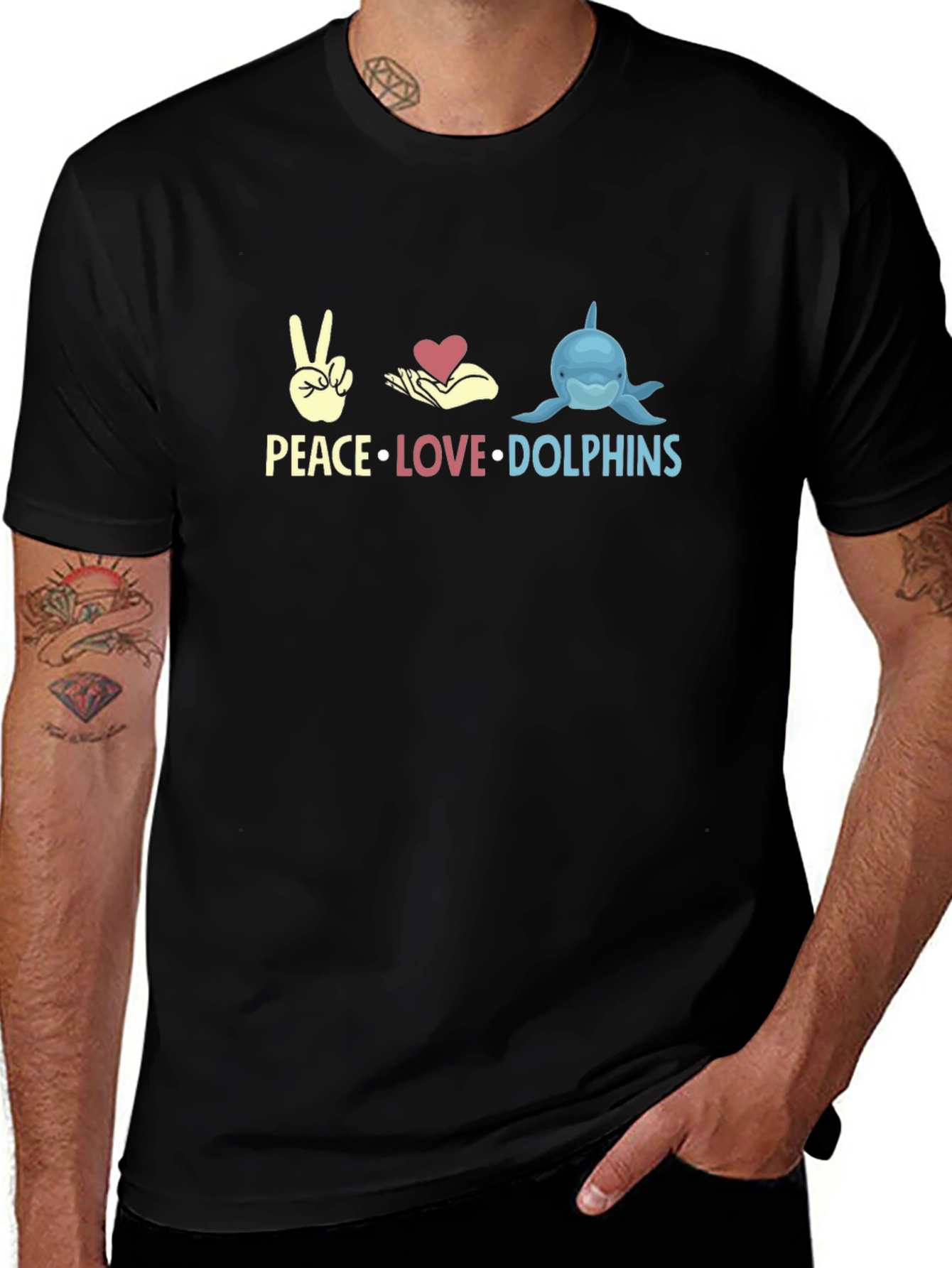 Peace Love Dolphins Black Graphic T-Shirt