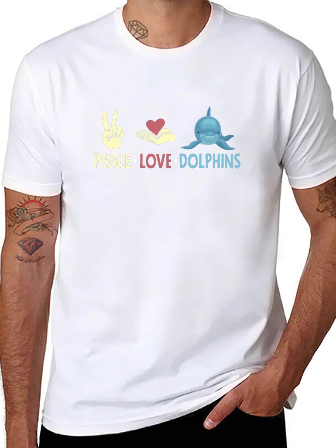 Peace Love Dolphins Black Graphic T-Shirt