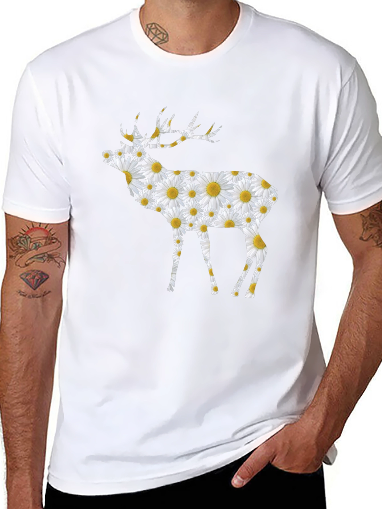 Floral Deer Print Black T-Shirt