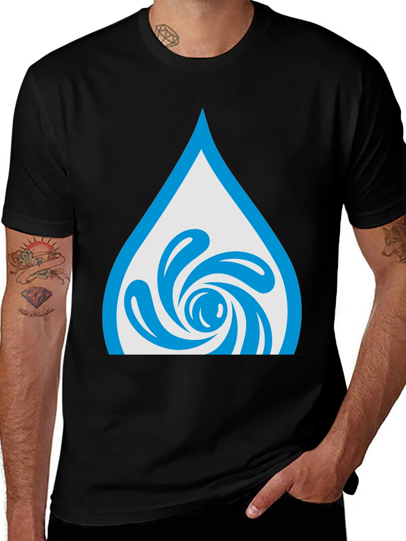 Water Drop Swirl Graphic Tee - Black Cotton Blend