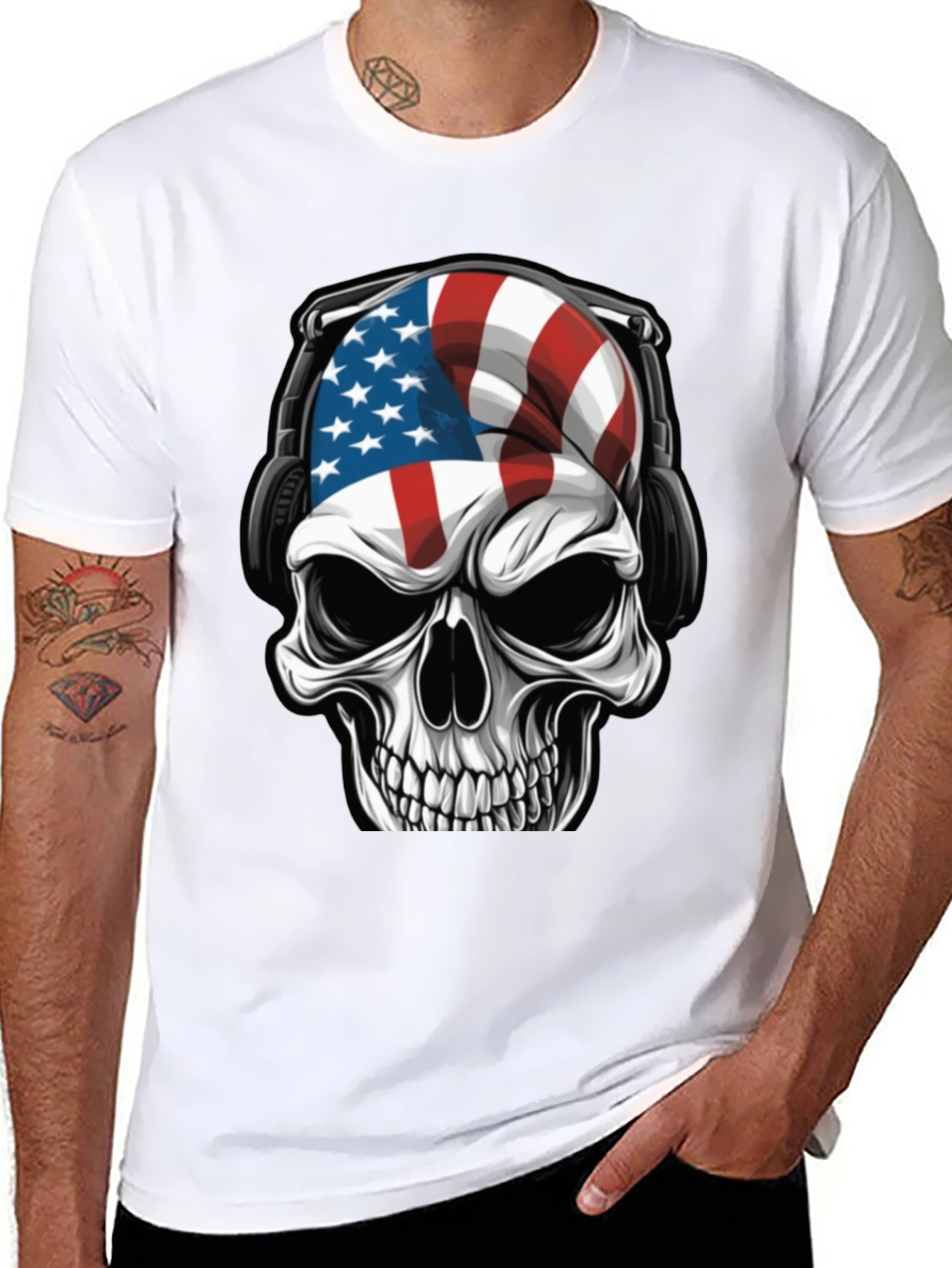 American Flag Skull Headphone T-Shirt