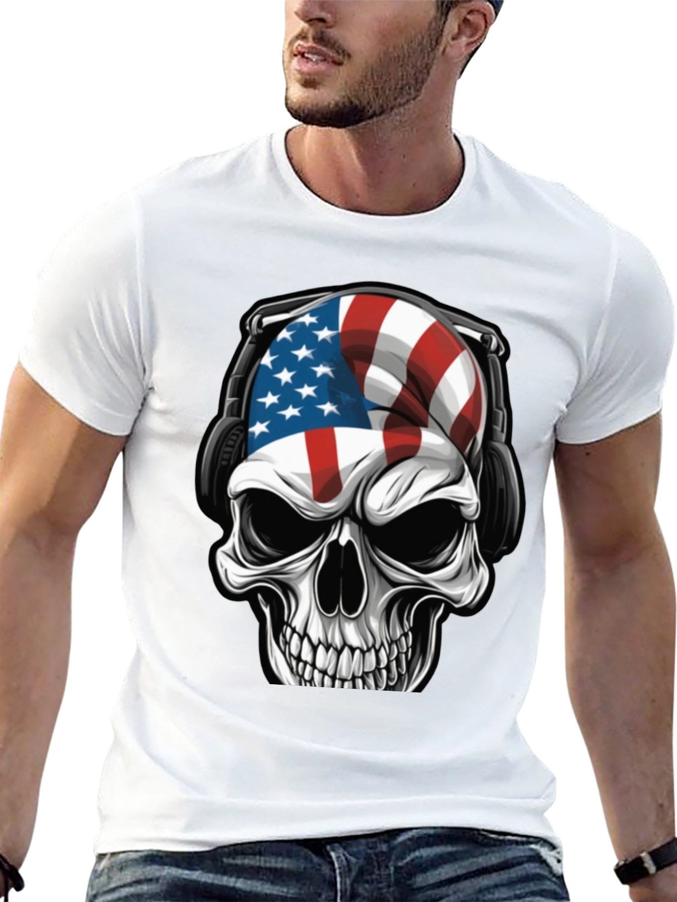 American Flag Skull Headphone T-Shirt