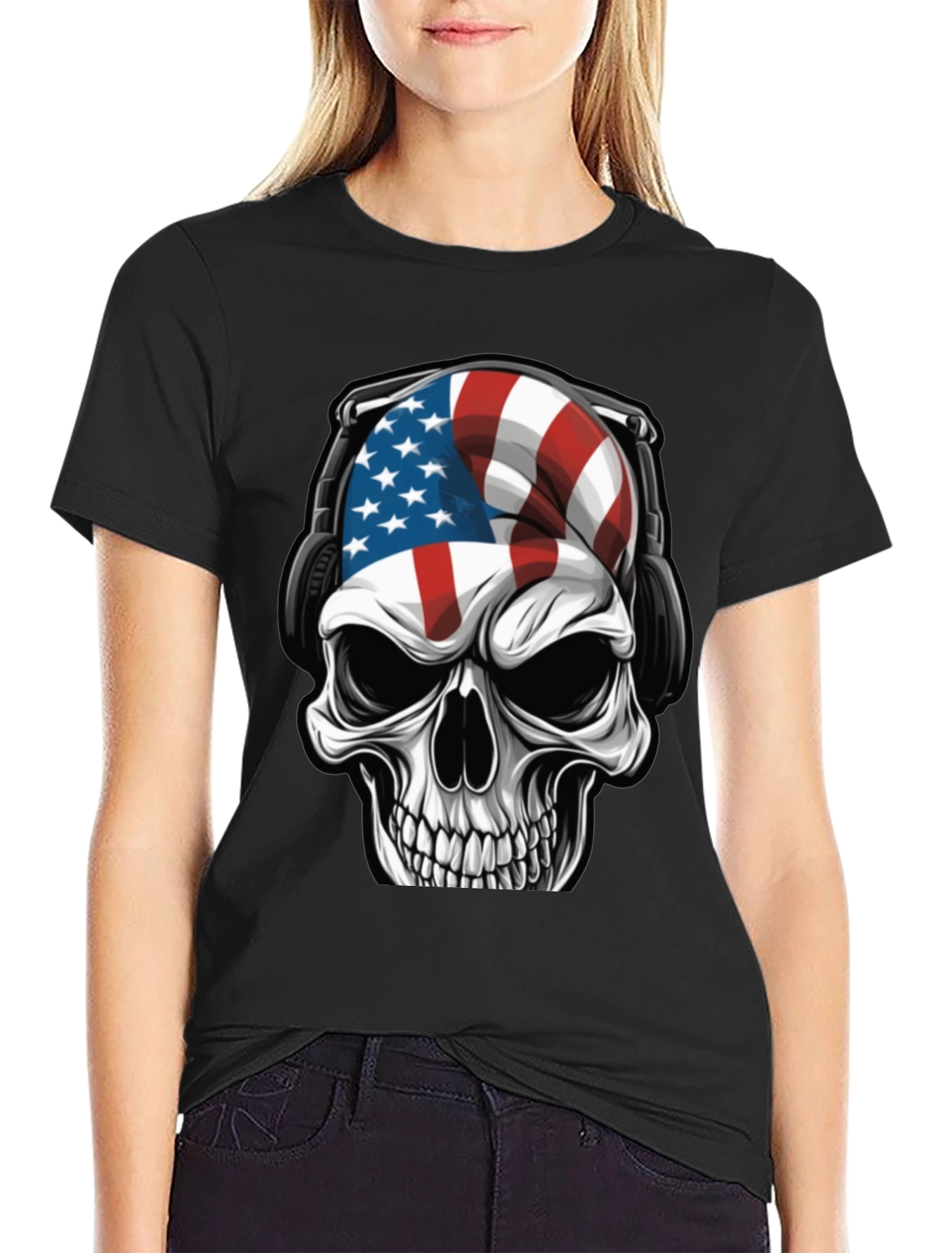 American Flag Skull Headphone T-Shirt