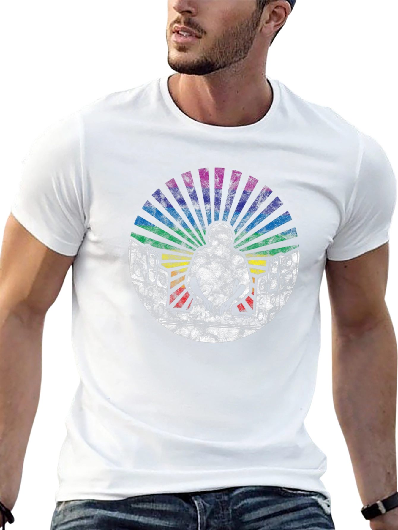 Retro DJ T-Shirt with Rainbow Graphics