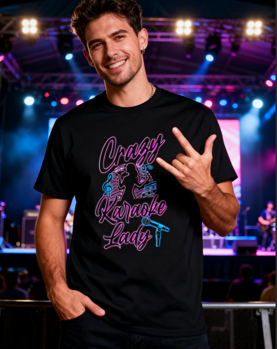 Crazy Karaoke Lady Neon Graphic T-Shirt - Karaoke Lover Casual Comfort Tee
