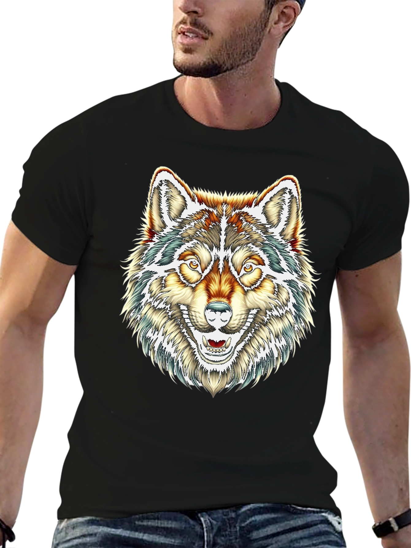 Mens Black T-Shirt with Wolf Graphic