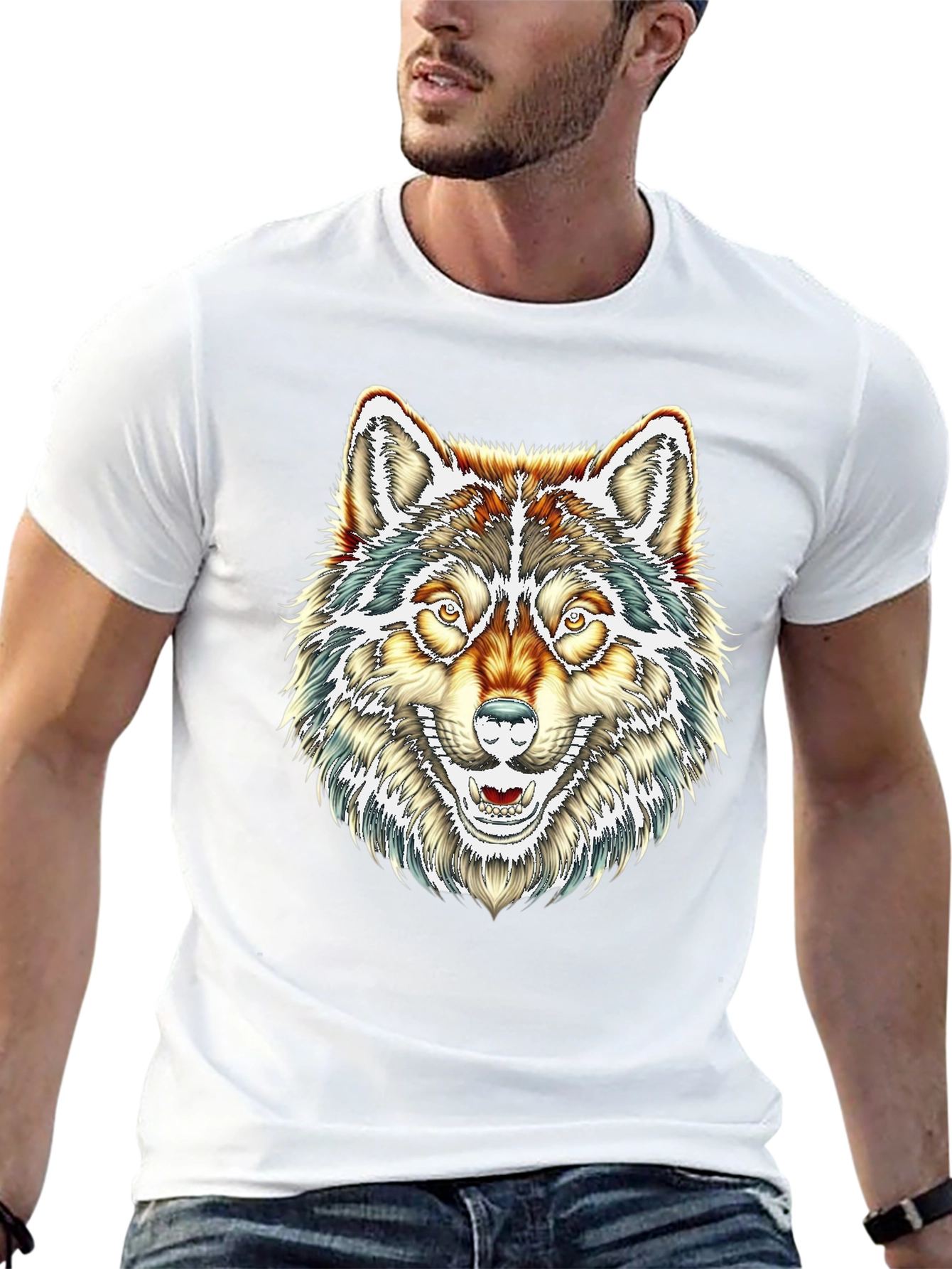 Mens Black T-Shirt with Wolf Graphic