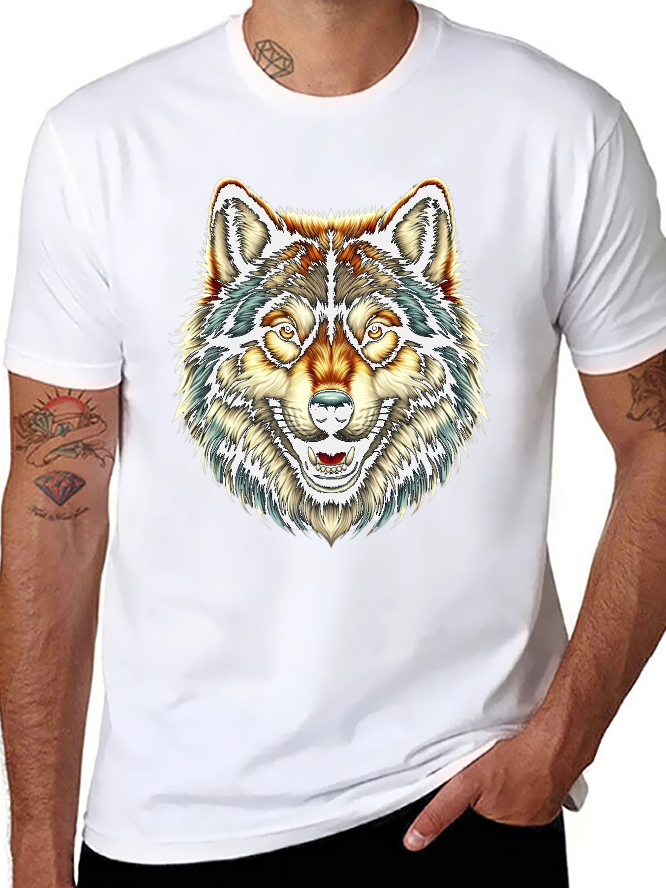 Mens Black T-Shirt with Wolf Graphic