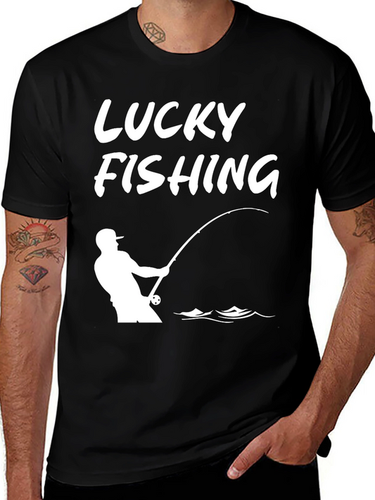Lucky Fishing Graphic Tee - Black Cotton T-Shirt
