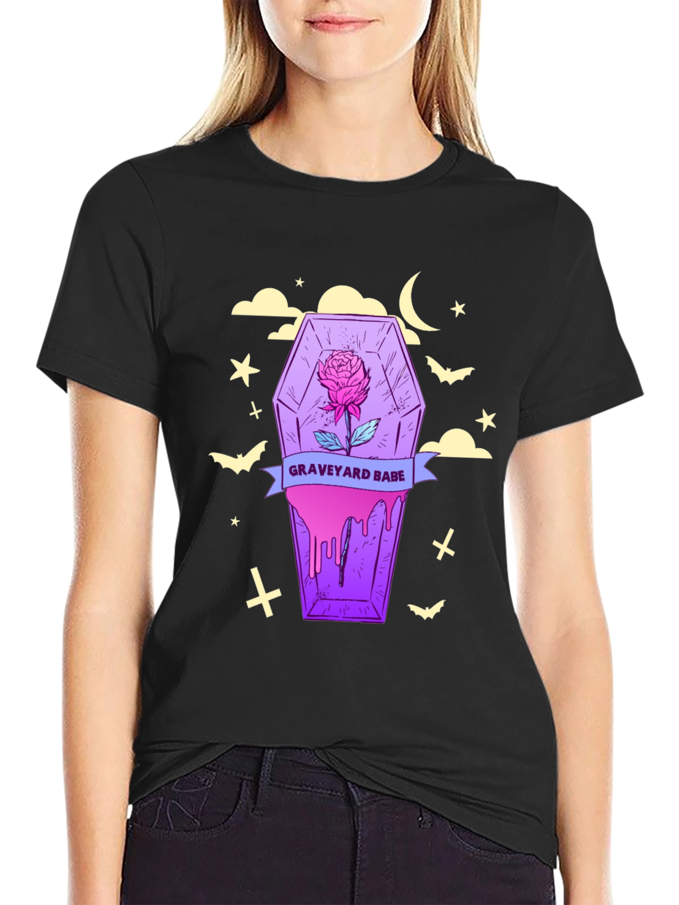 Graveyard Babe T-Shirt: Spooky Coffin Rose Tee