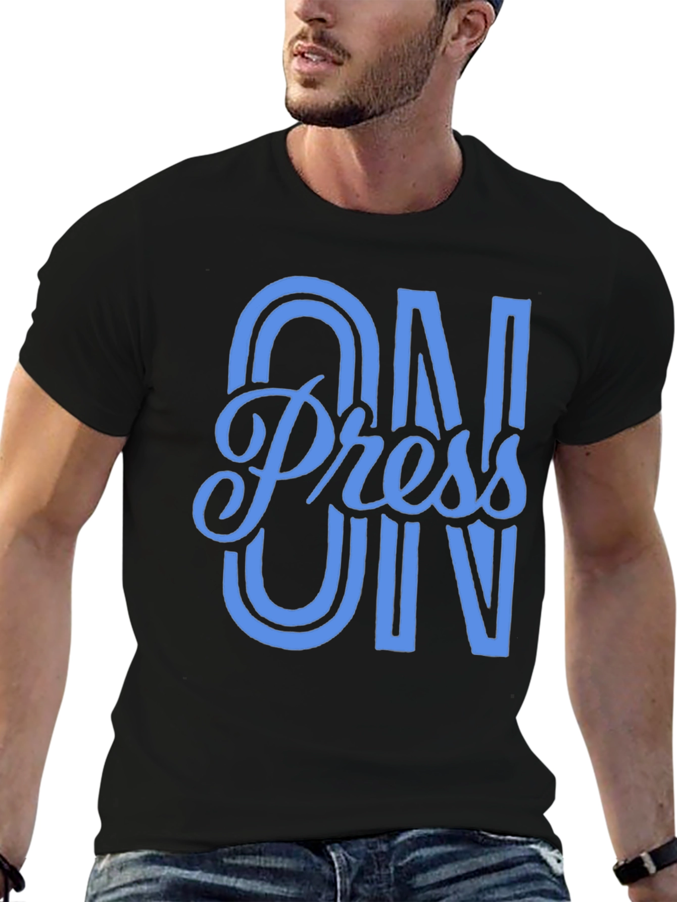 Press On Black Cotton Graphic T-Shirt