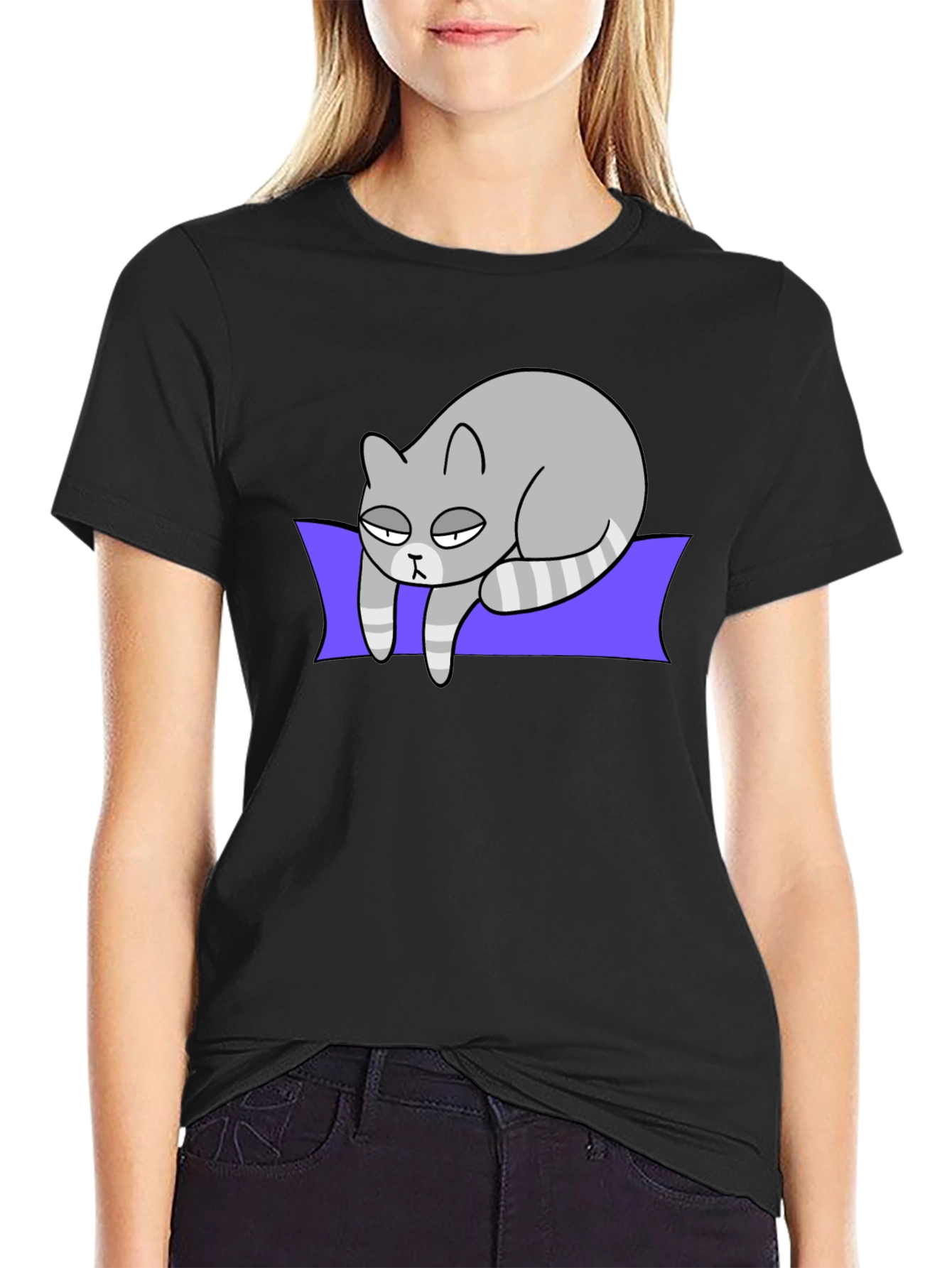 Lazy Cat Graphic Tee - Black Cotton T-Shirt