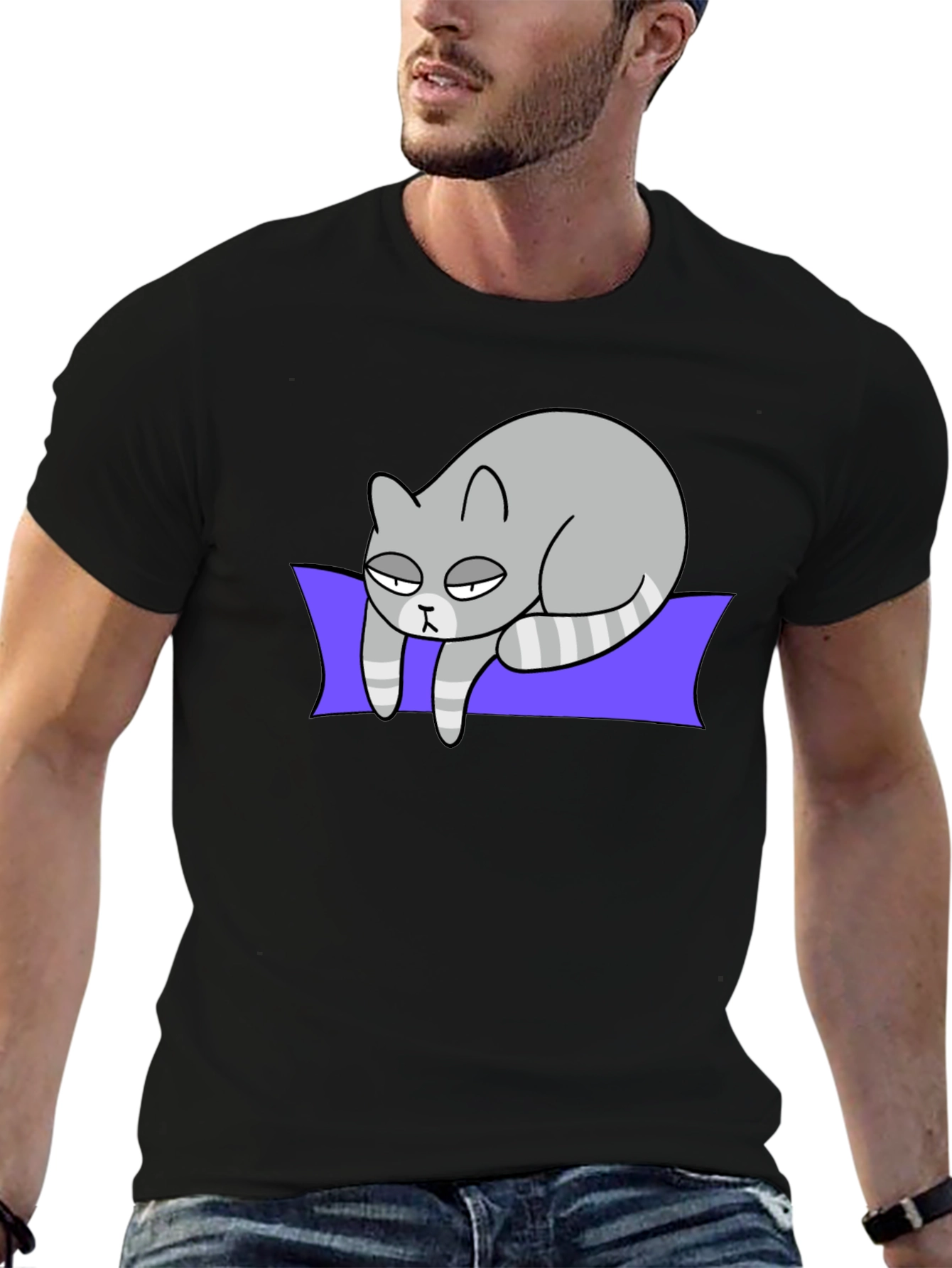 Lazy Cat Graphic Tee - Black Cotton T-Shirt
