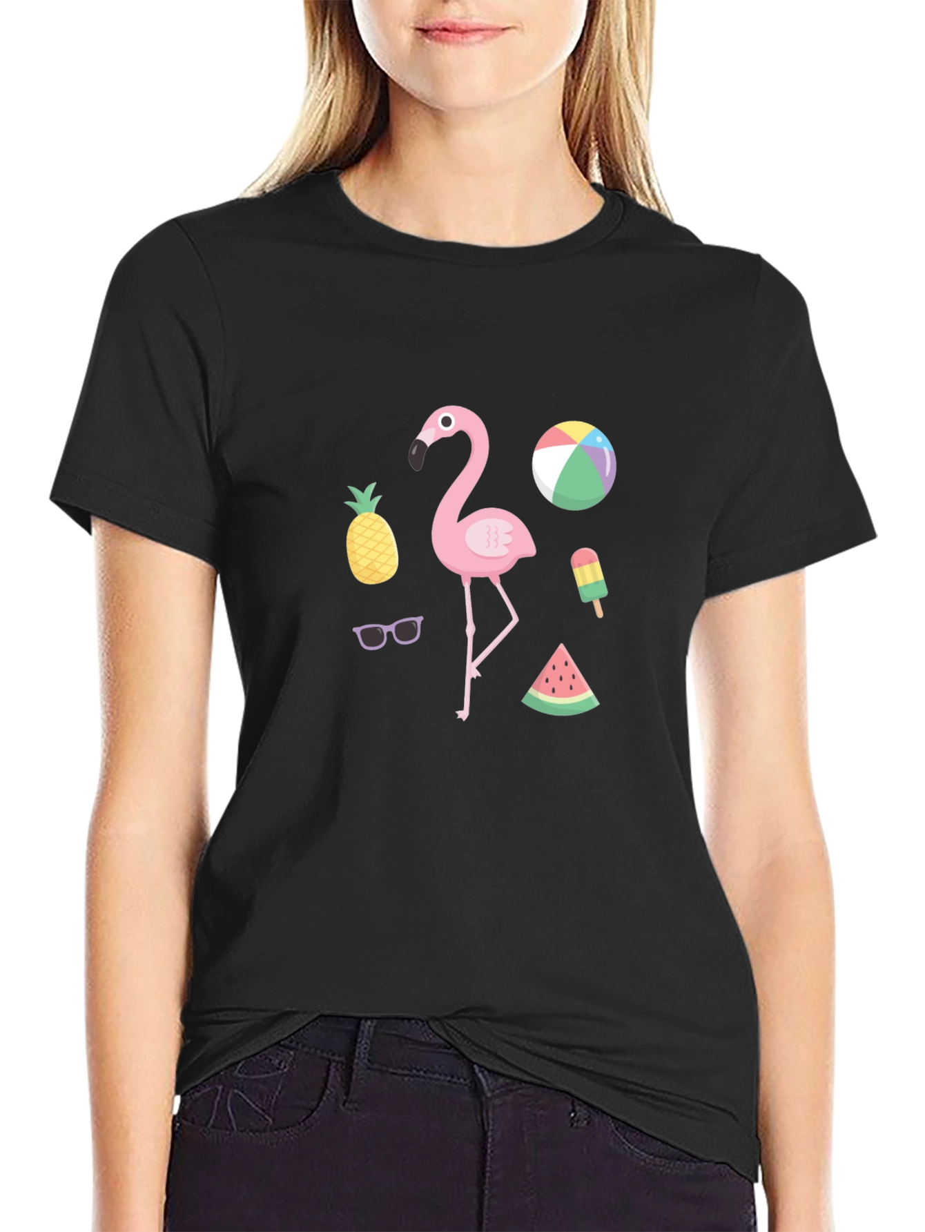 Summer Fun Graphic Tee - Flamingo & Fruit Design