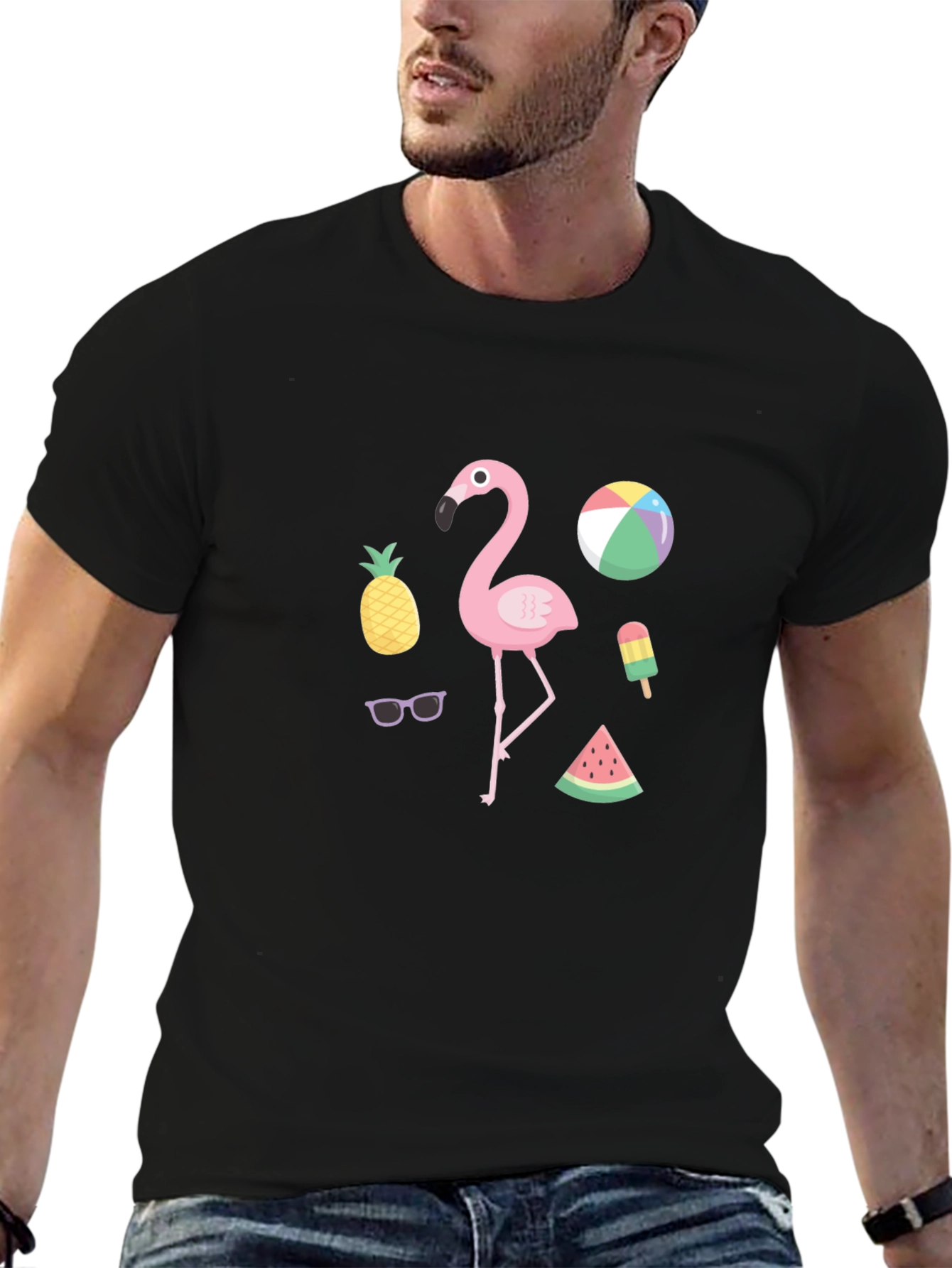 Summer Fun Graphic Tee - Flamingo & Fruit Design