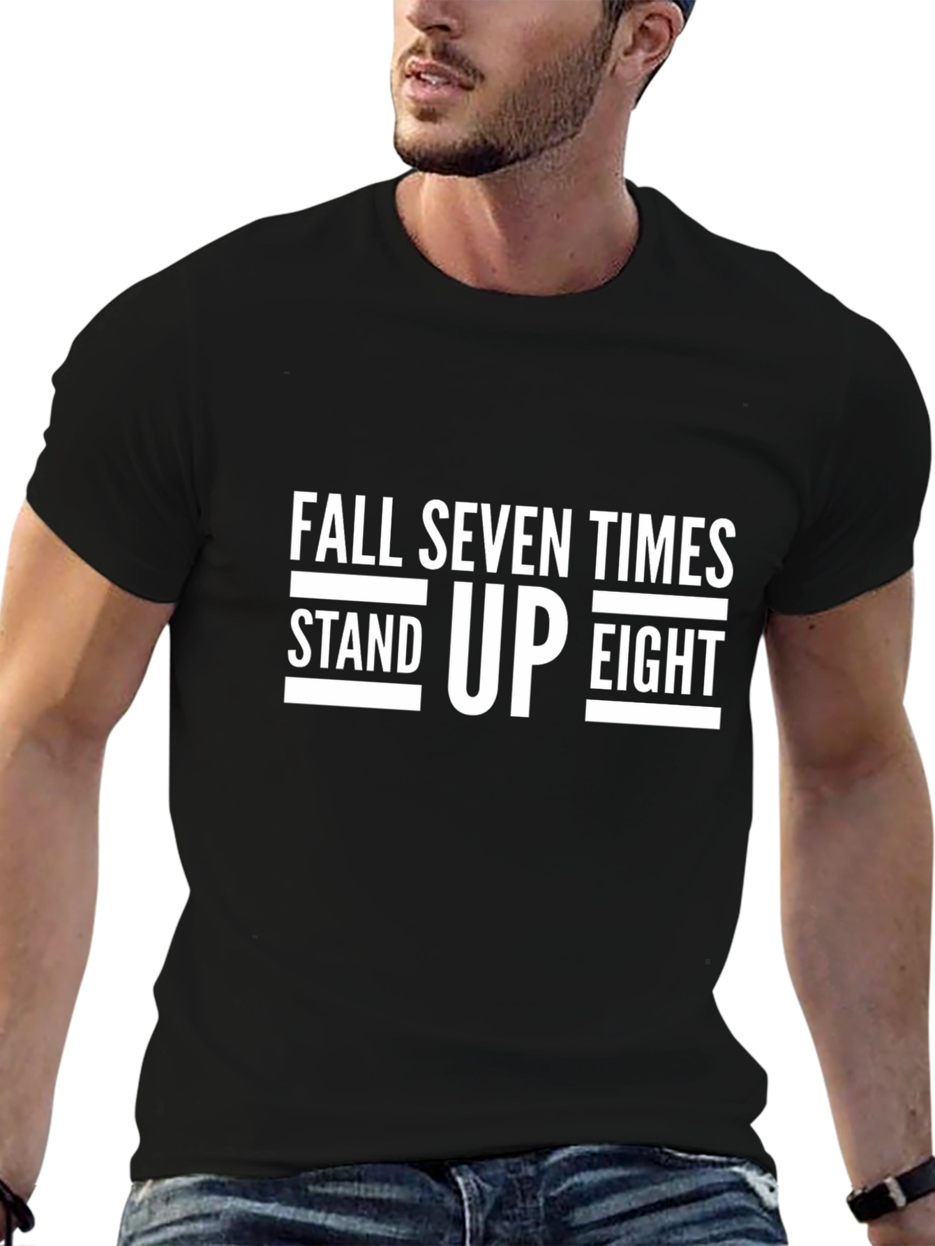 Motivational Fall Seven Times Stand Up Eight Black T-Shirt