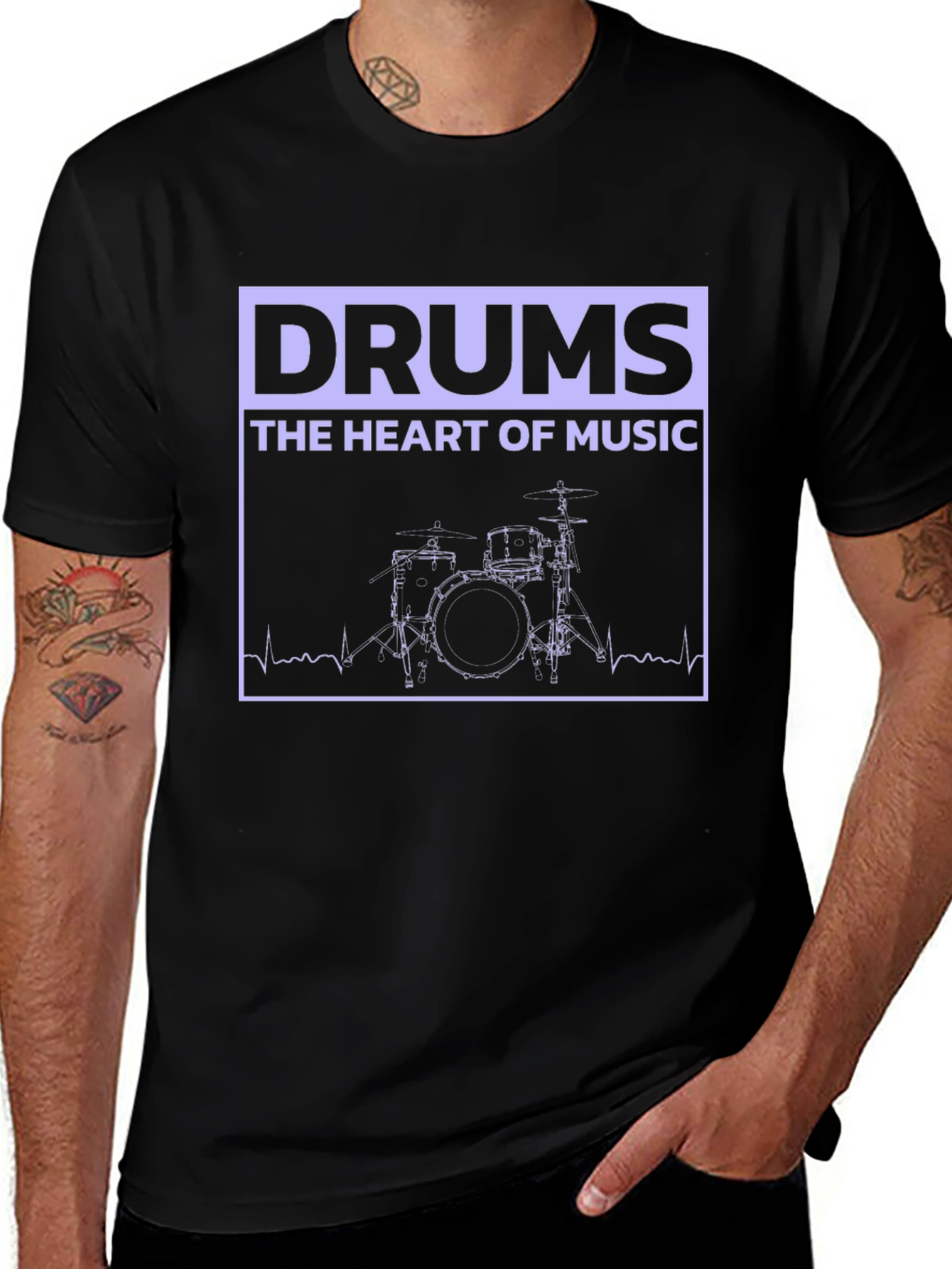 Drums Heart of Music Graphic Black T-Shirt