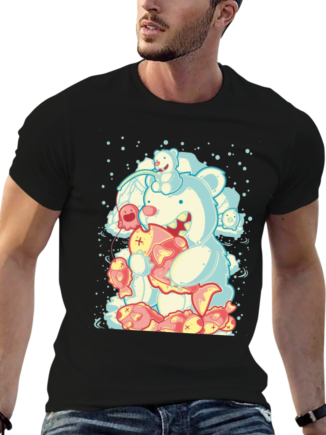 Bear Eating Fish Graphic T-Shirt