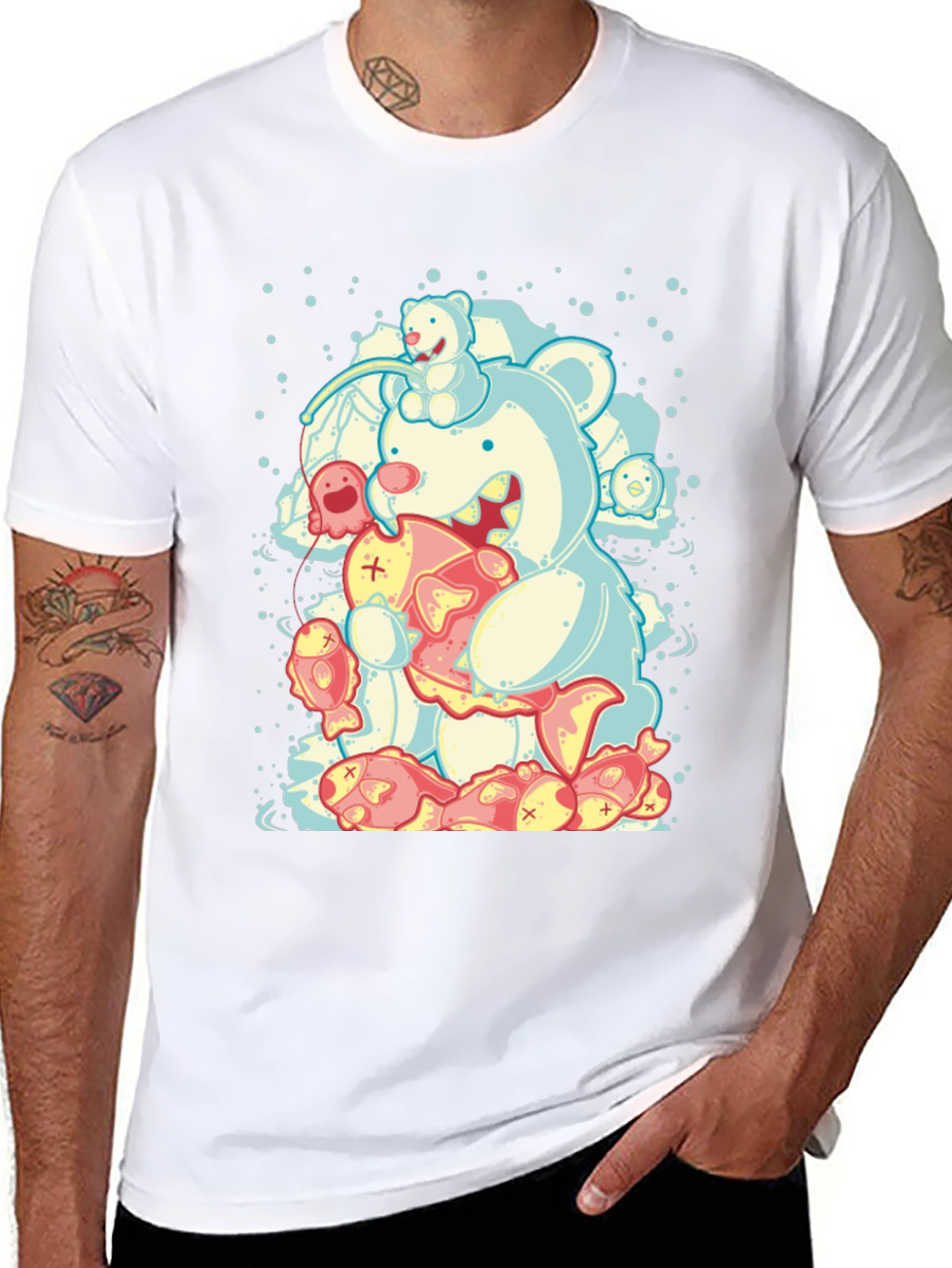 Bear Eating Fish Graphic T-Shirt