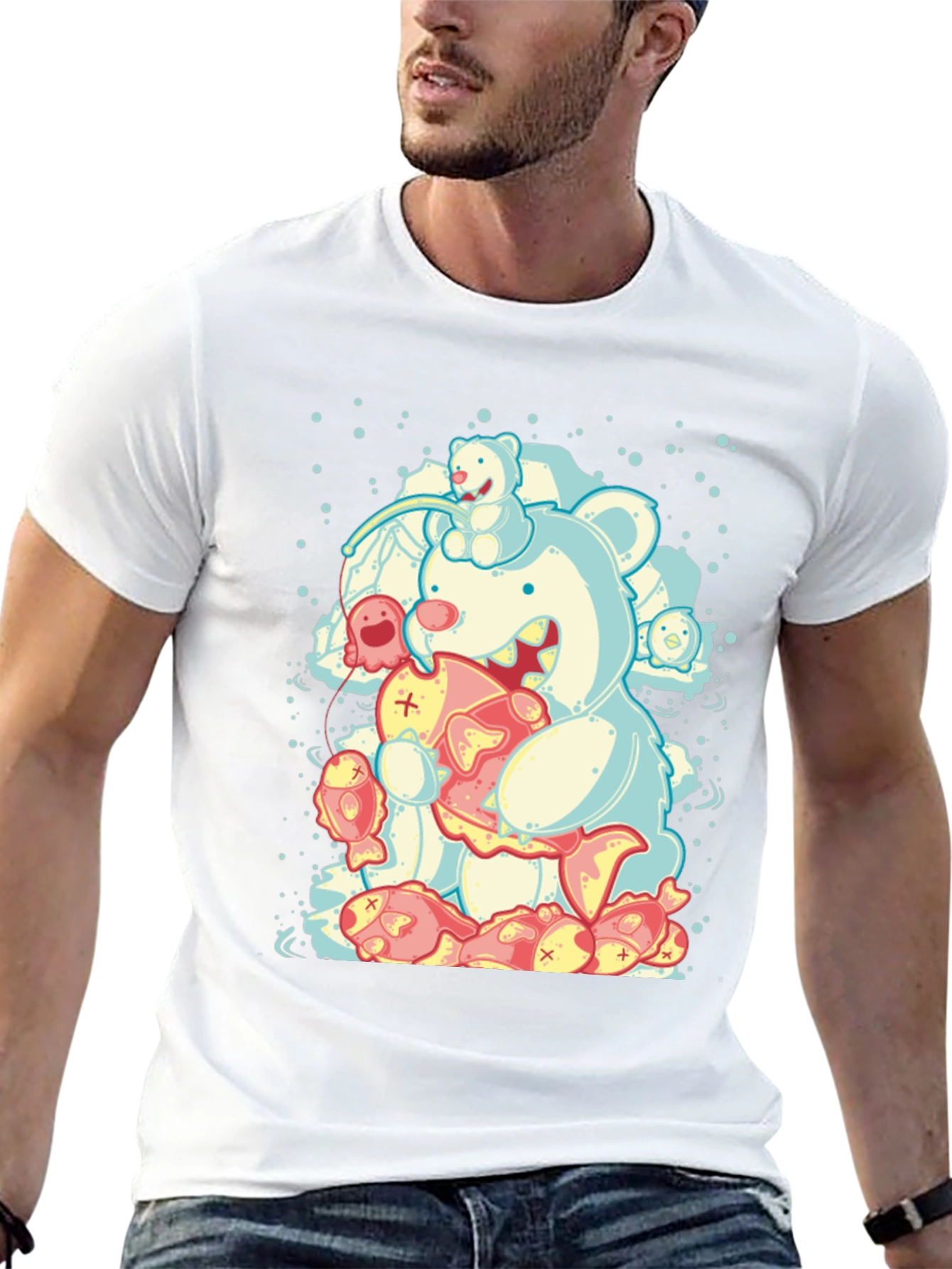 Bear Eating Fish Graphic T-Shirt
