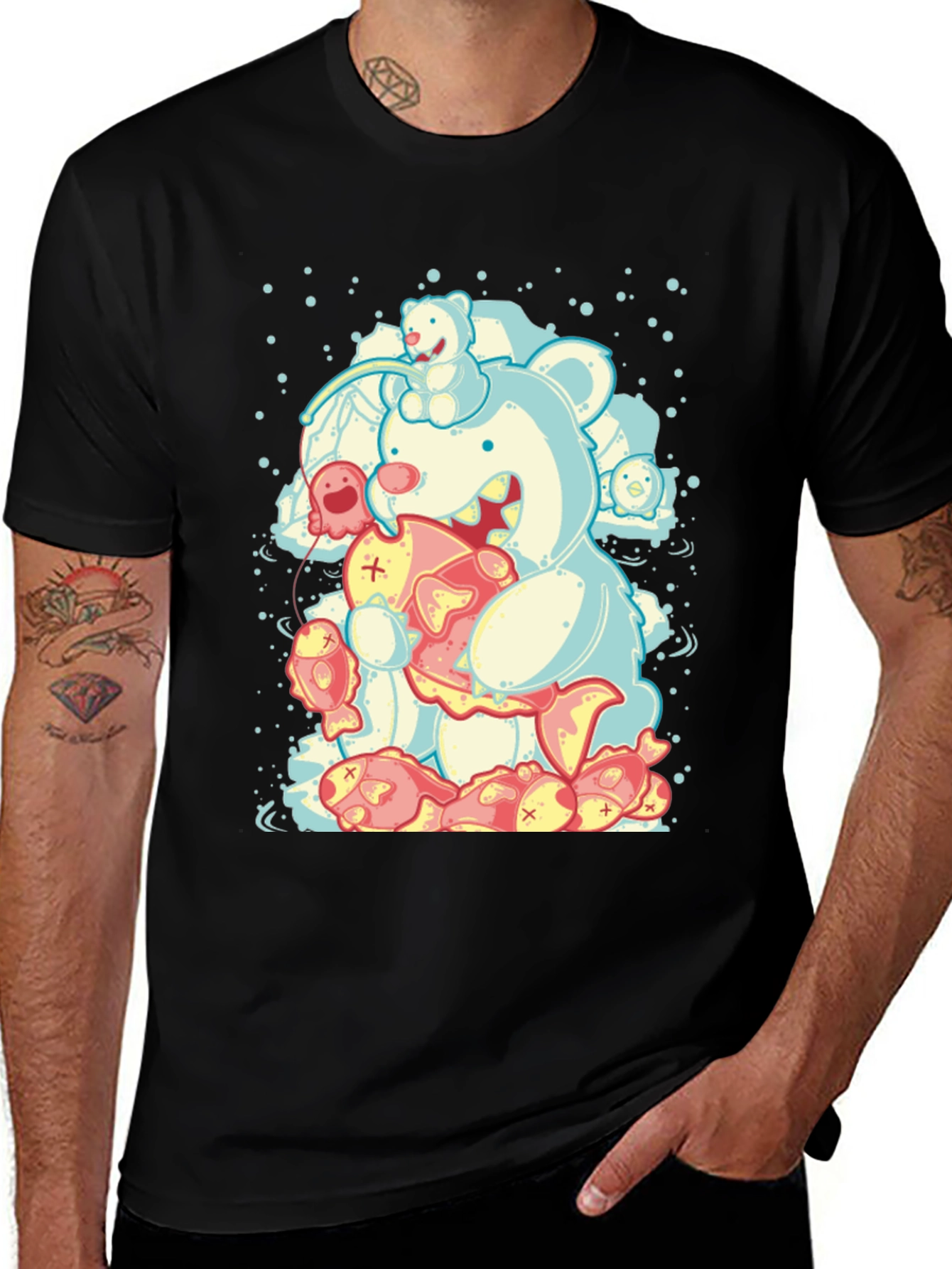 Bear Eating Fish Graphic T-Shirt