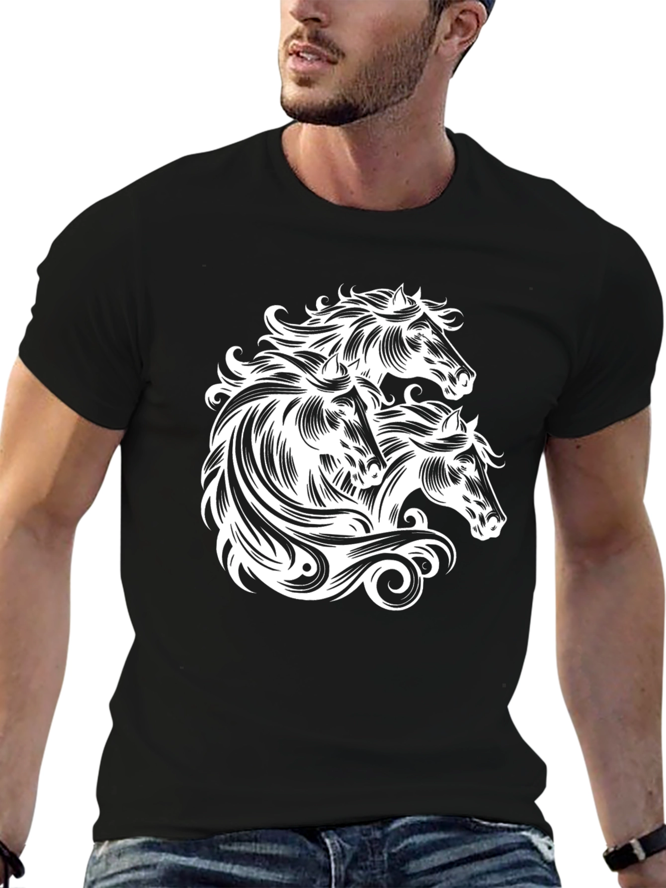 Black T-Shirt with Horse Heads Graphic