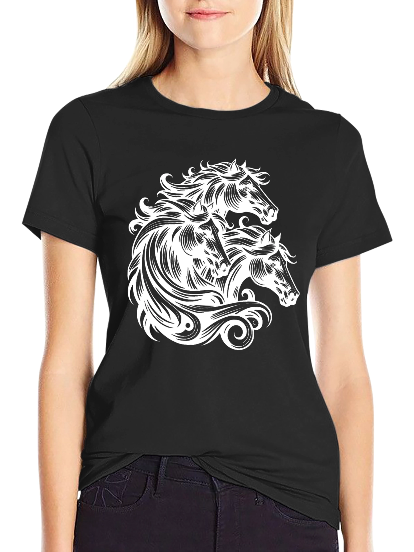 Black T-Shirt with Horse Heads Graphic