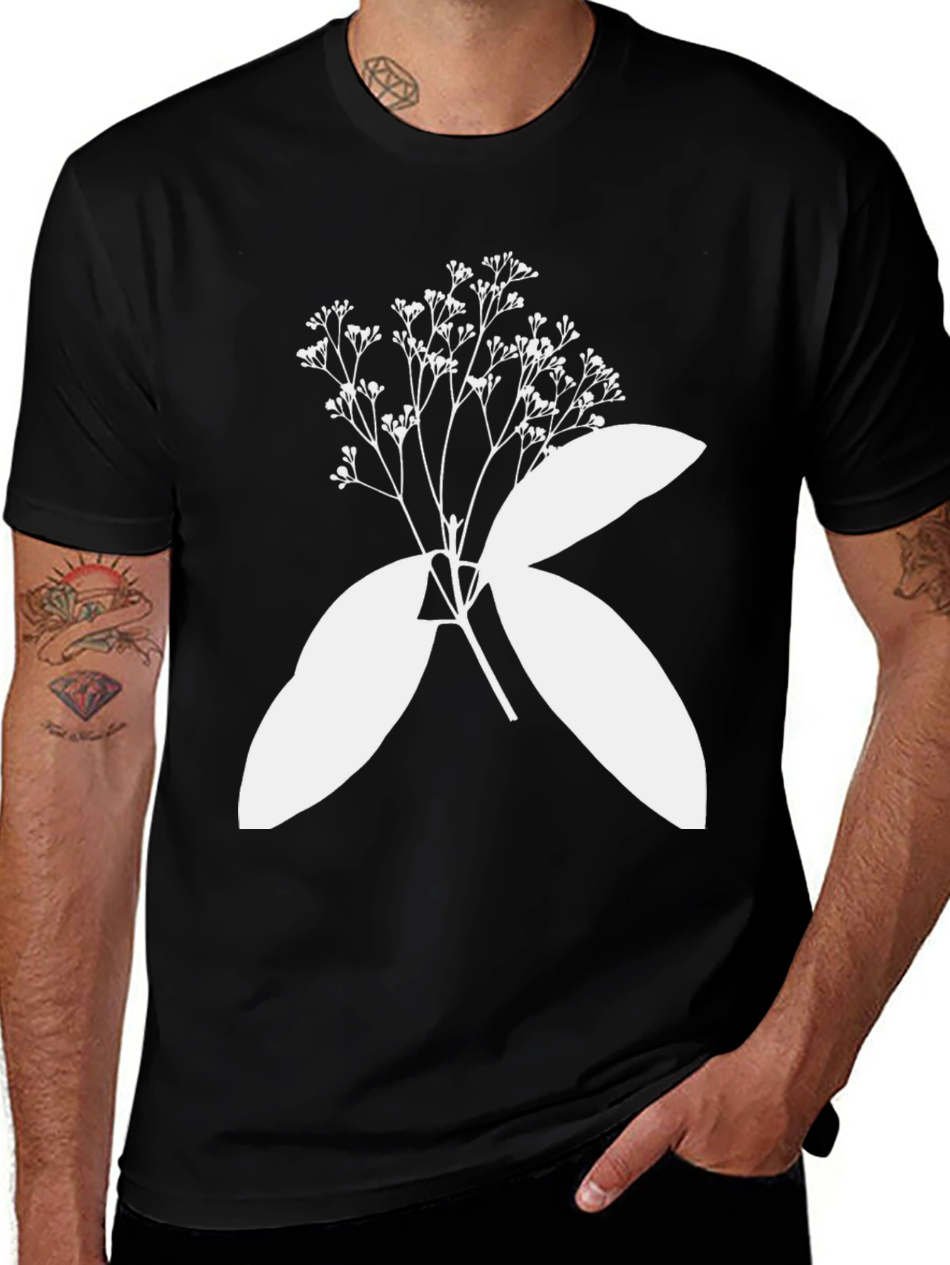 Black T-Shirt with Botanical White Print