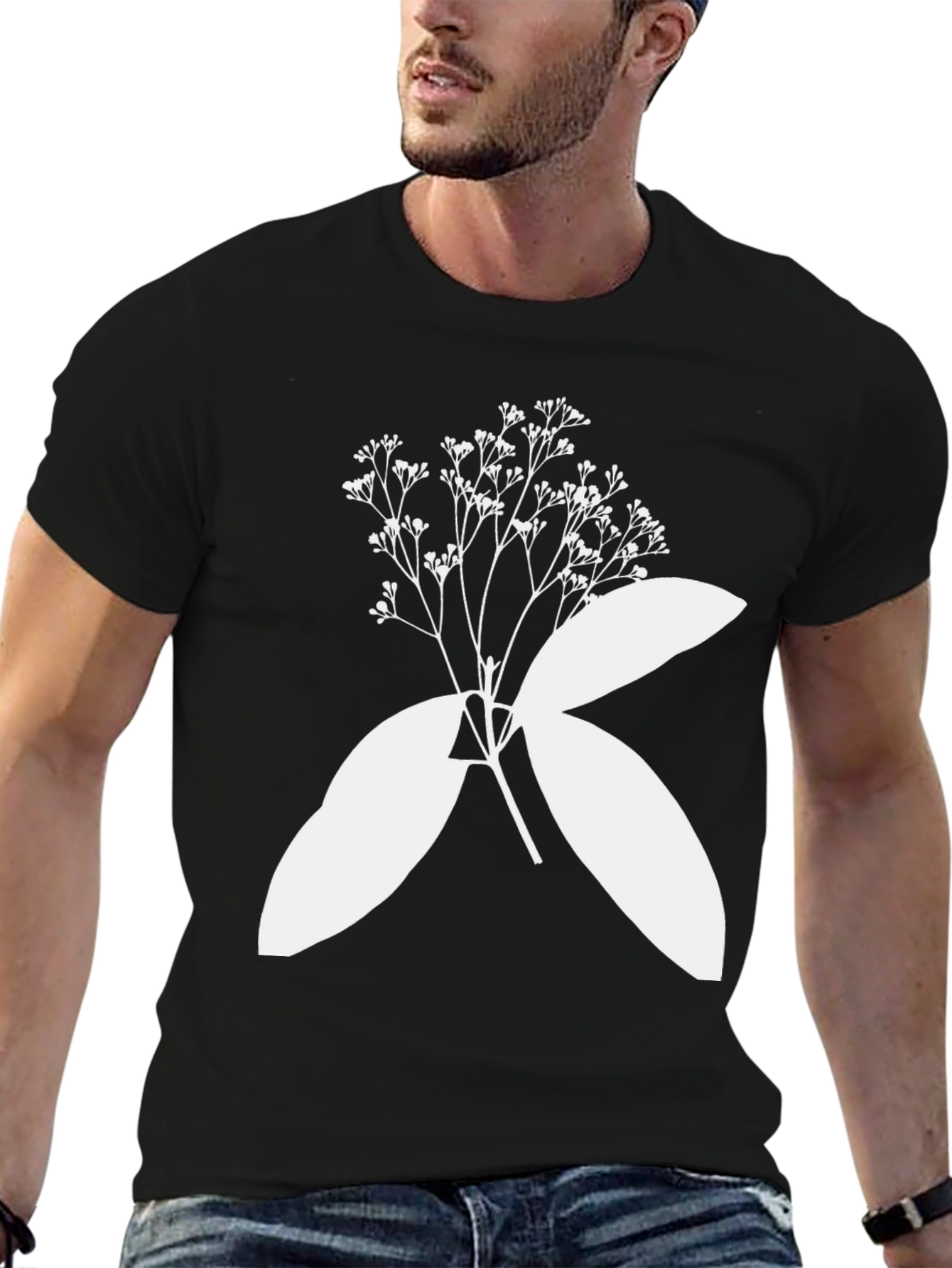 Black T-Shirt with Botanical White Print