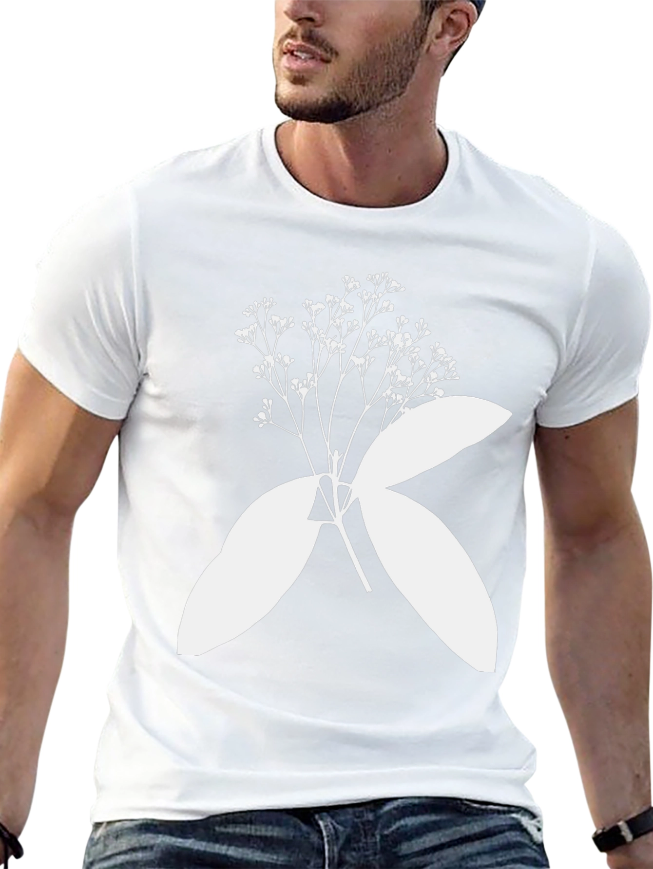 Black T-Shirt with Botanical White Print