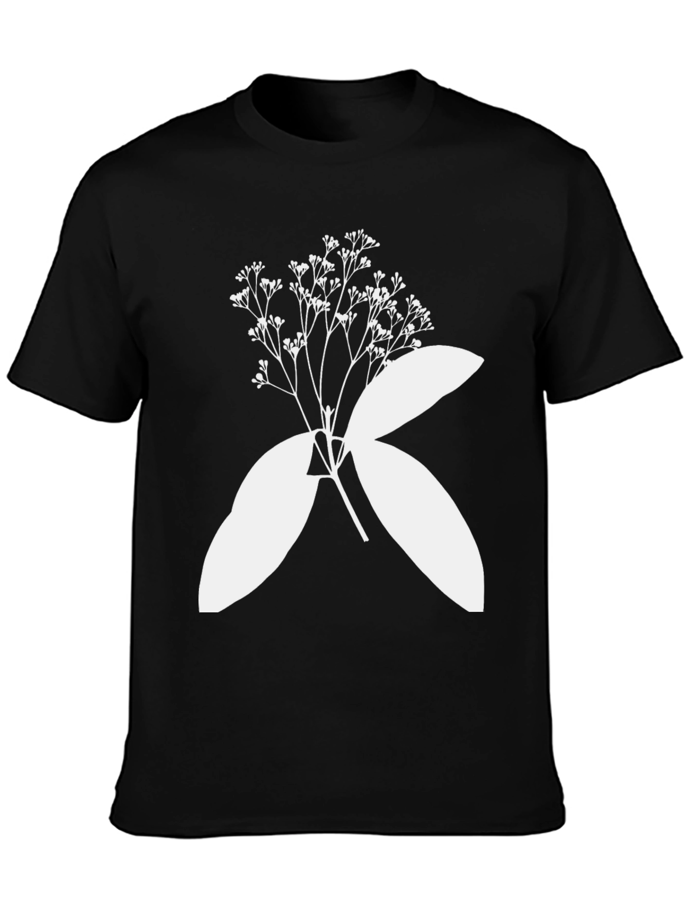 Black T-Shirt with Botanical White Print