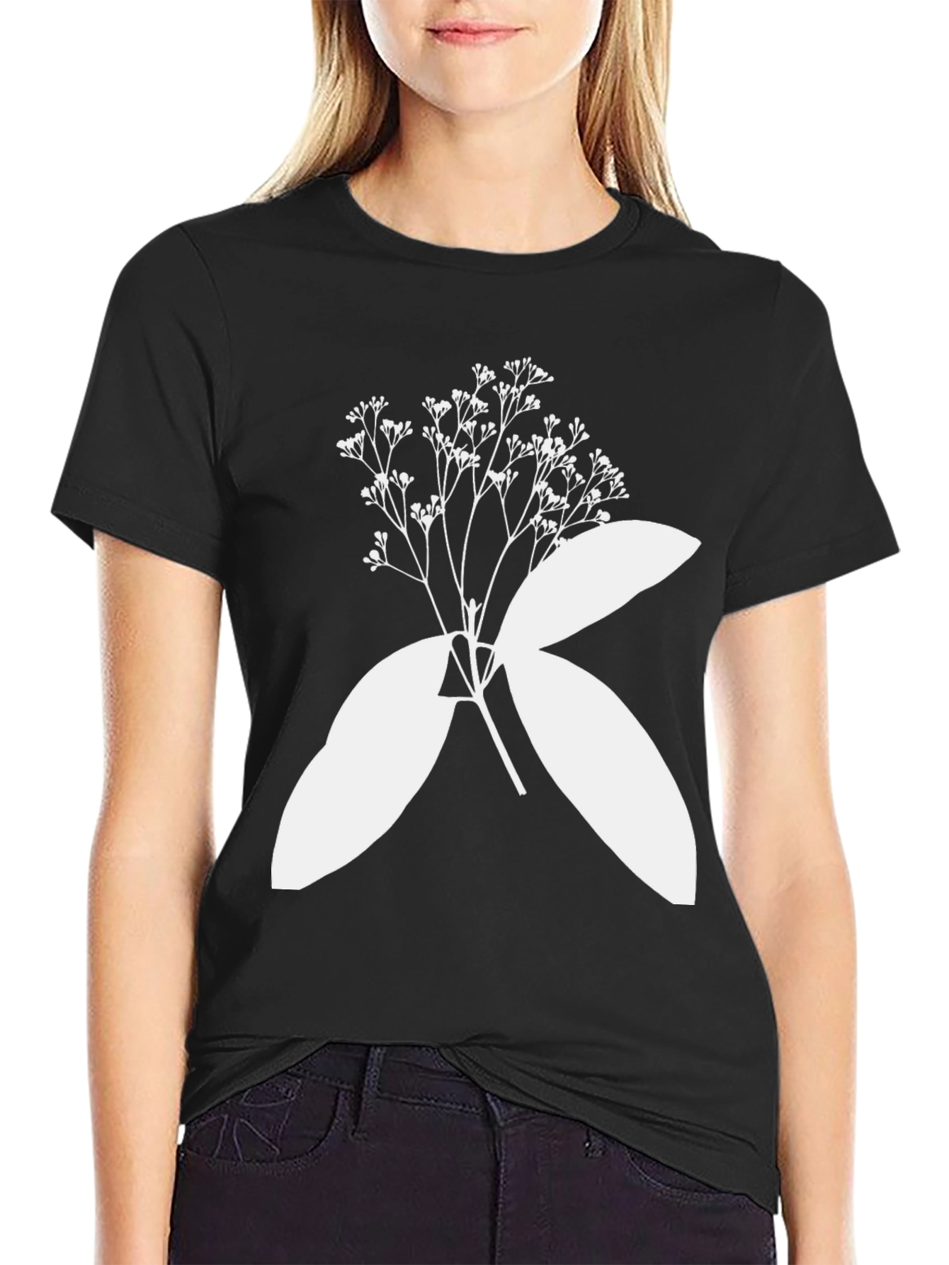Black T-Shirt with Botanical White Print