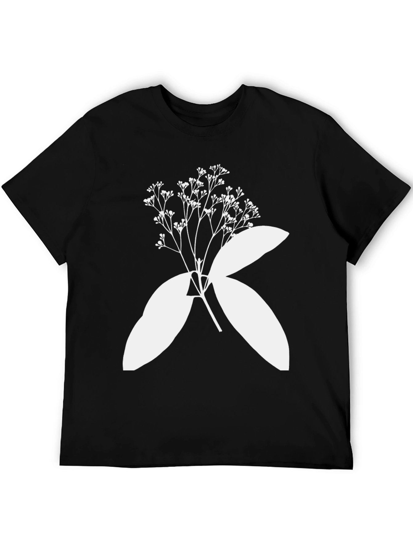 Black T-Shirt with Botanical White Print
