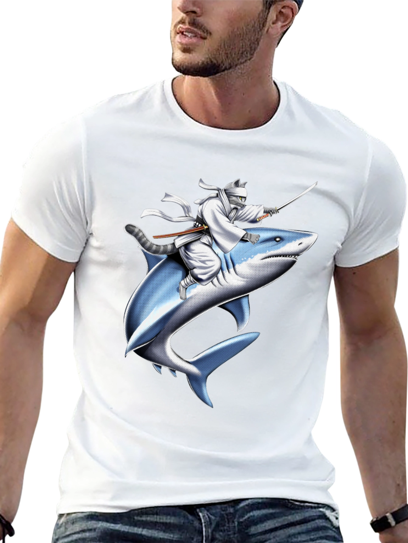 Ninja Cat Riding Shark T-Shirt